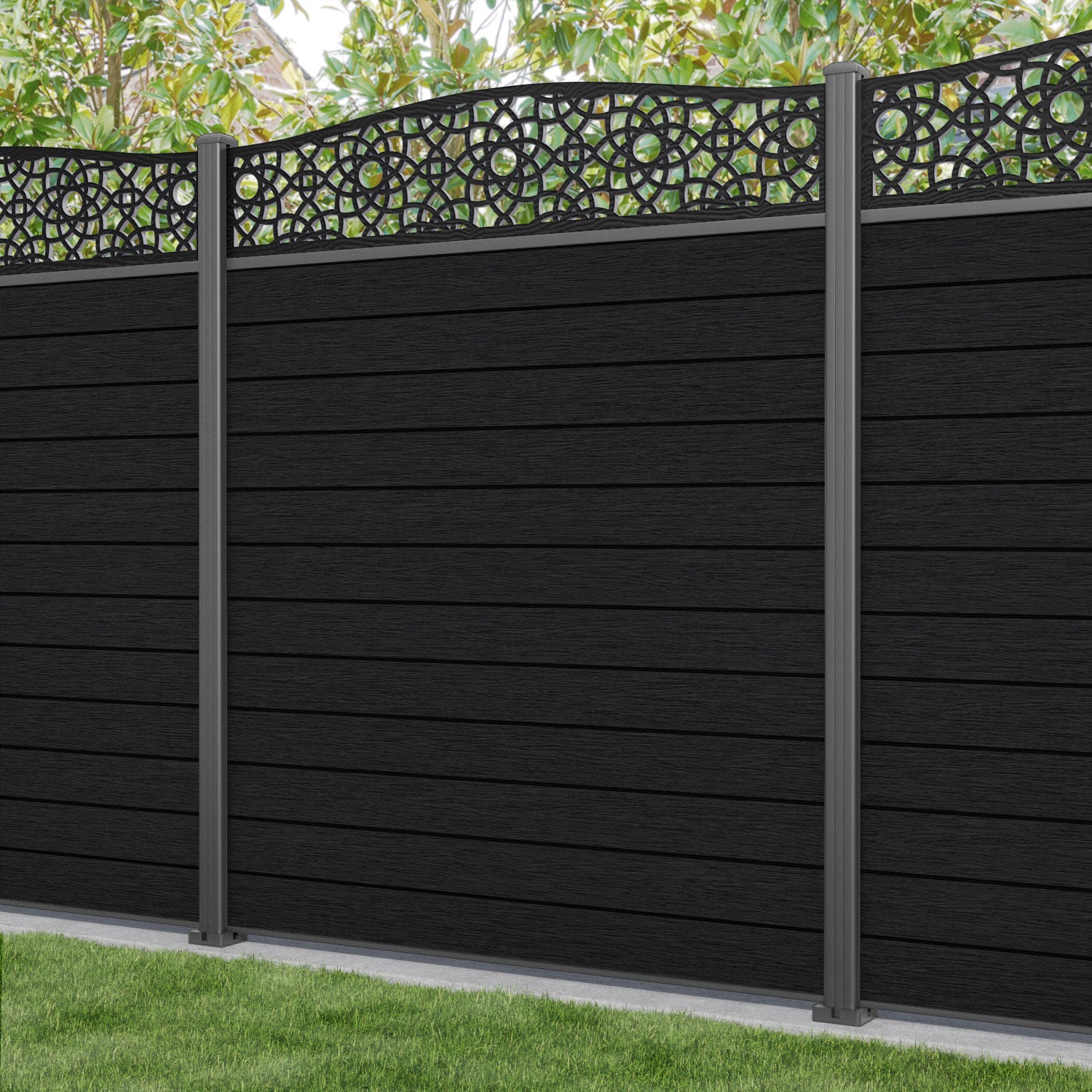 Fusion Ambar Curved Top Fence Panel - Black - with our aluminium posts