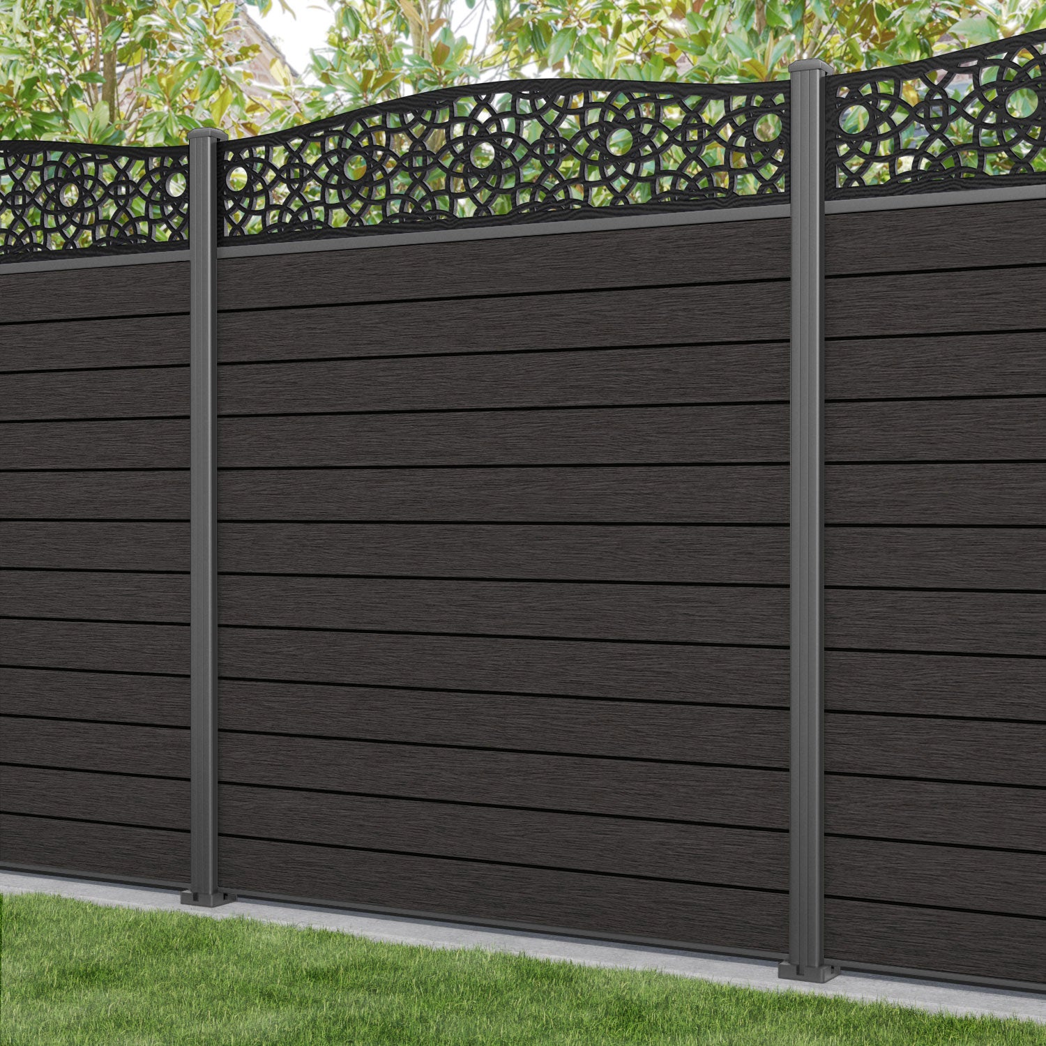 Fusion Ambar Curved Top Fence Panel - Dark Oak - with our aluminium posts