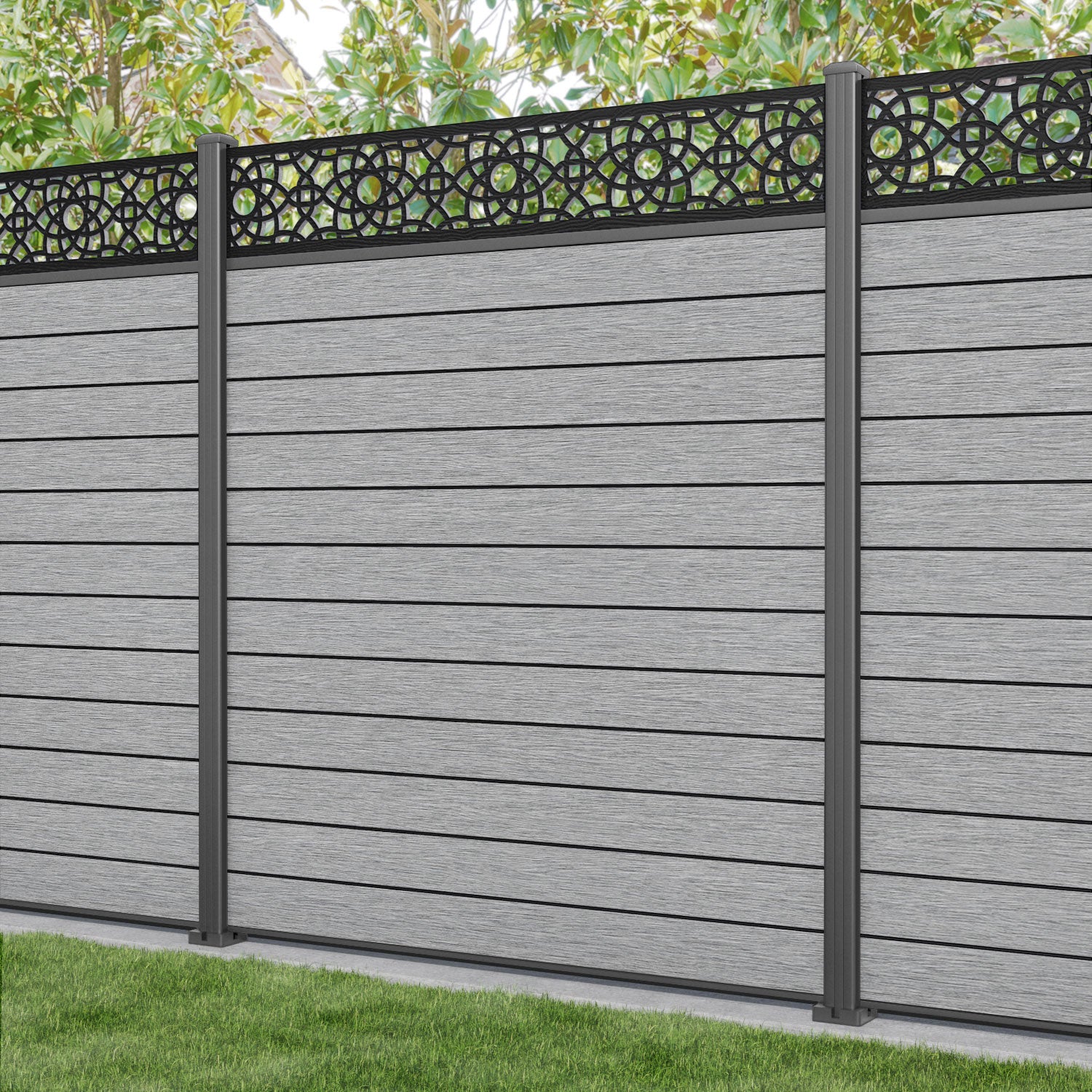 Fusion Ambar Fence Panel - Light Grey - with our aluminium posts