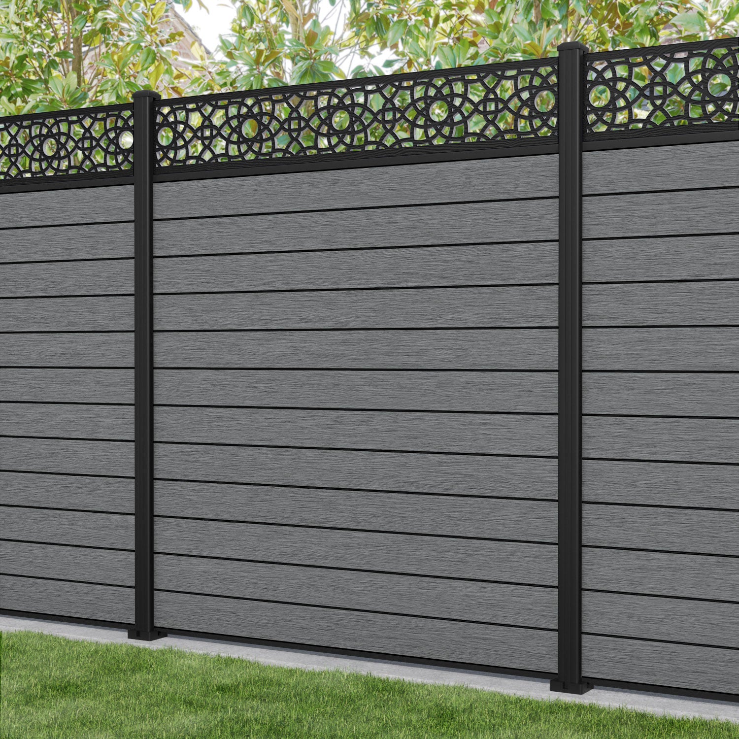 Fusion Ambar Fence Panel - Mid Grey - with our aluminium posts