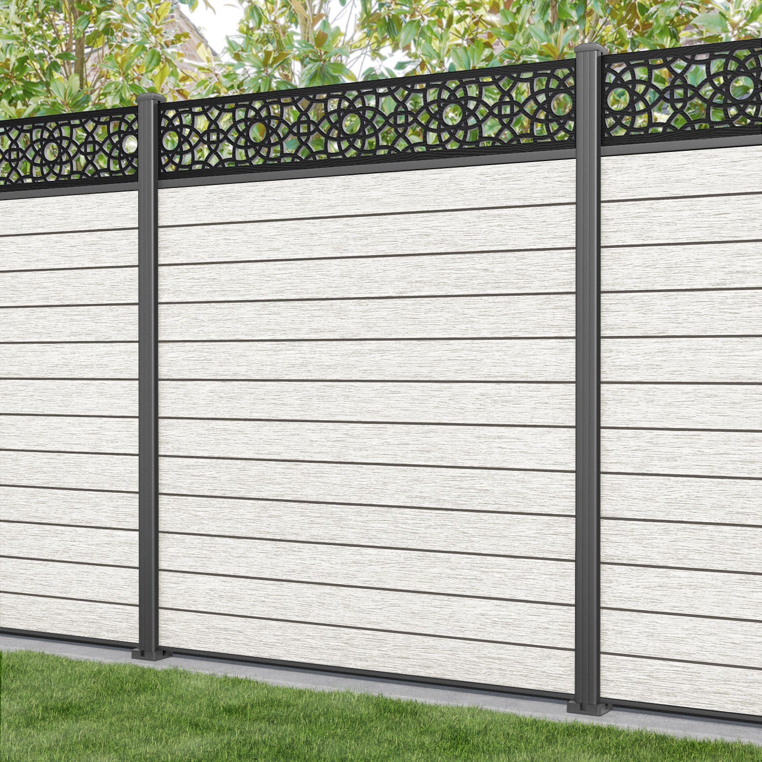 Fusion Ambar Fence Panel - Light Stone - with our aluminium posts