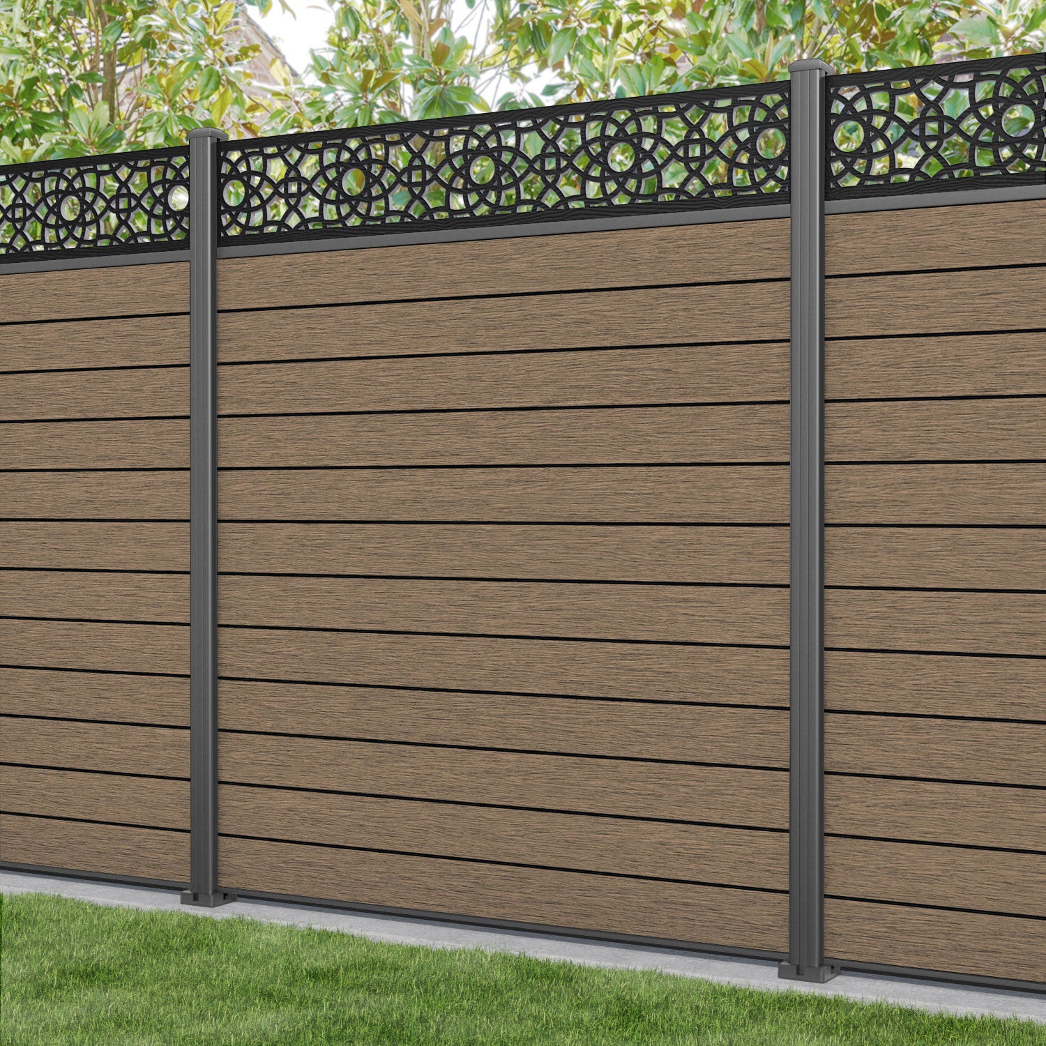 Fusion Ambar Fence Panel - Teak - with our aluminium posts