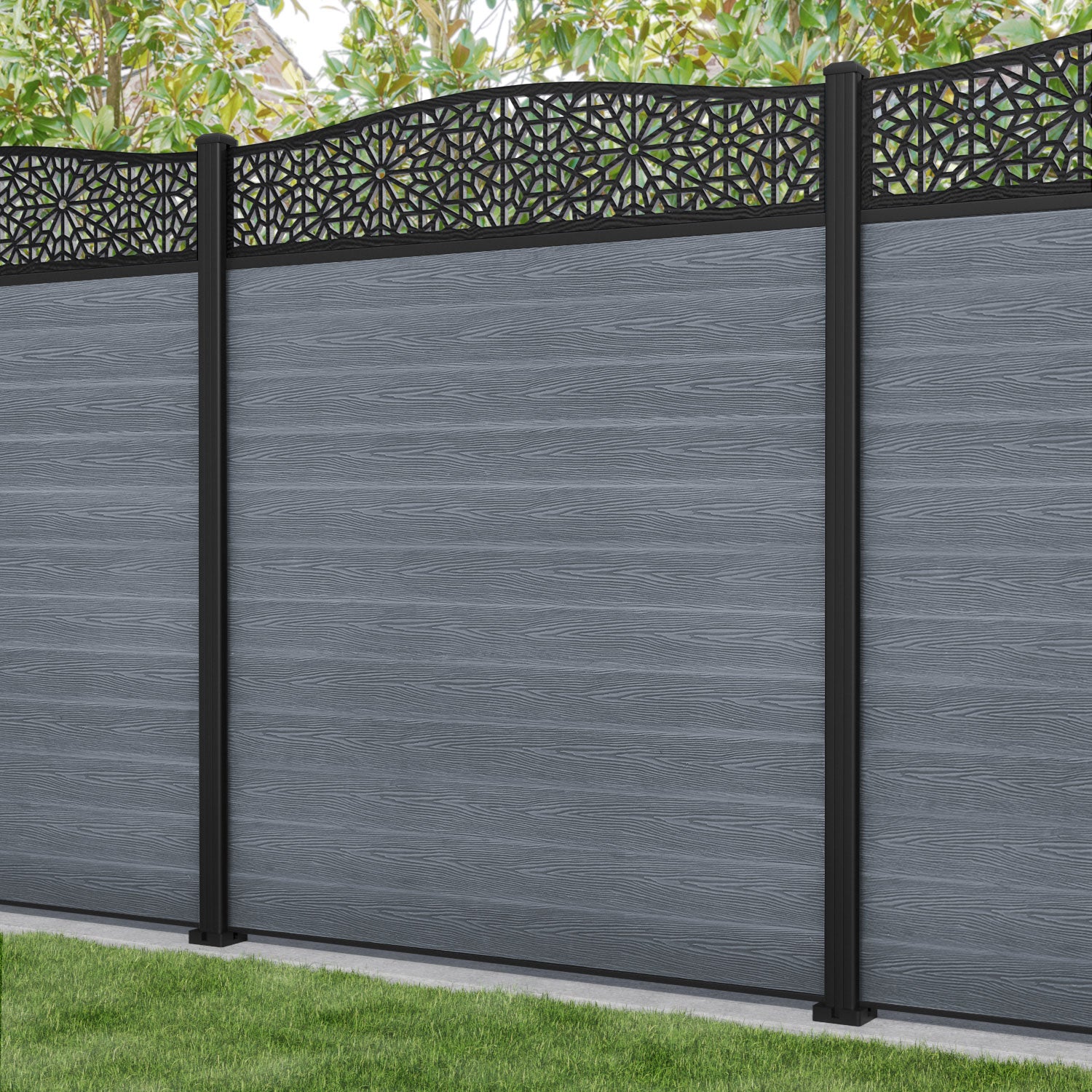 Classic Alnara Curved Top Fence Panel - Anthracite - with our aluminium posts