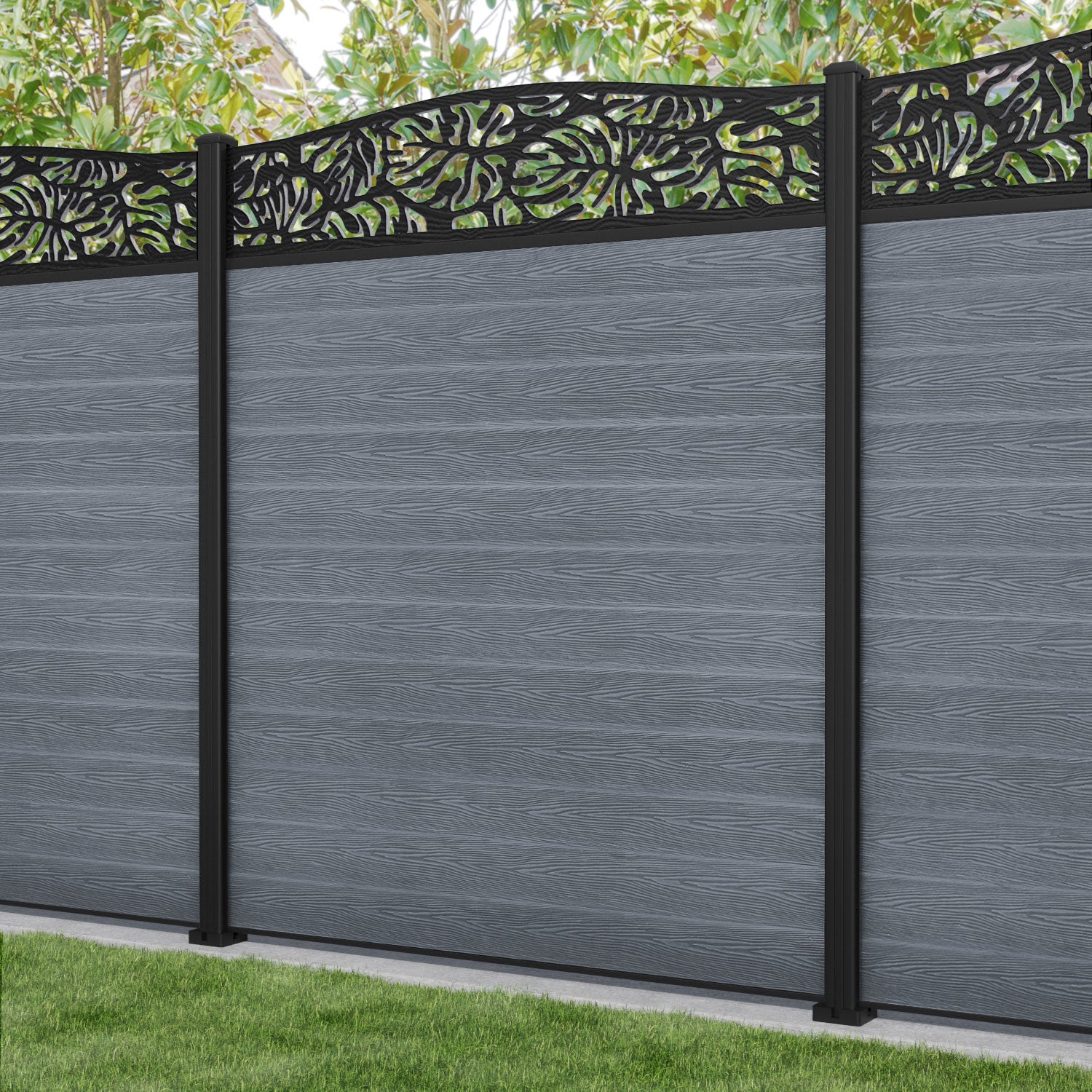 Classic Botanic Curved Top Fence Panel - Anthracite - with our aluminium posts