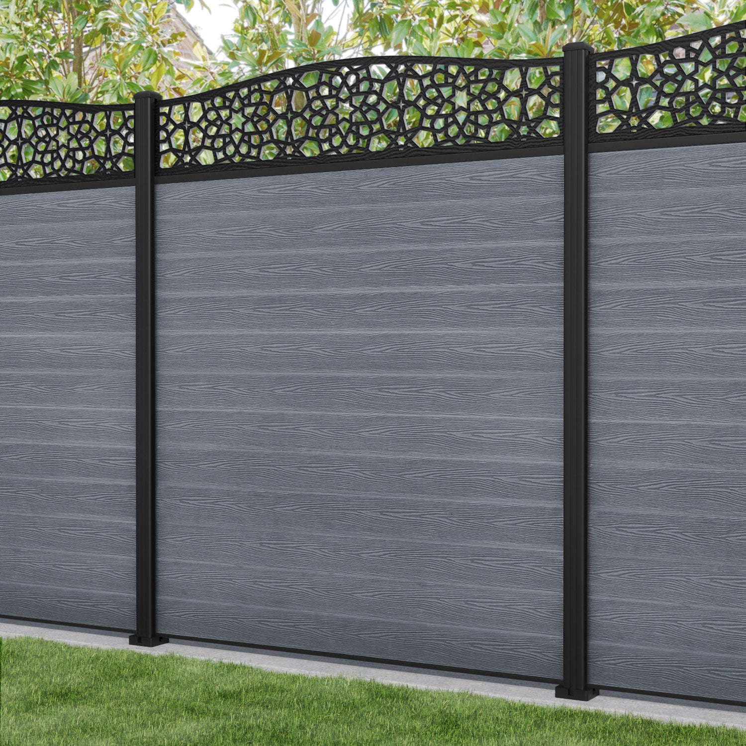 Classic Nazira Curved Top Fence Panel - Anthracite - with our aluminium posts
