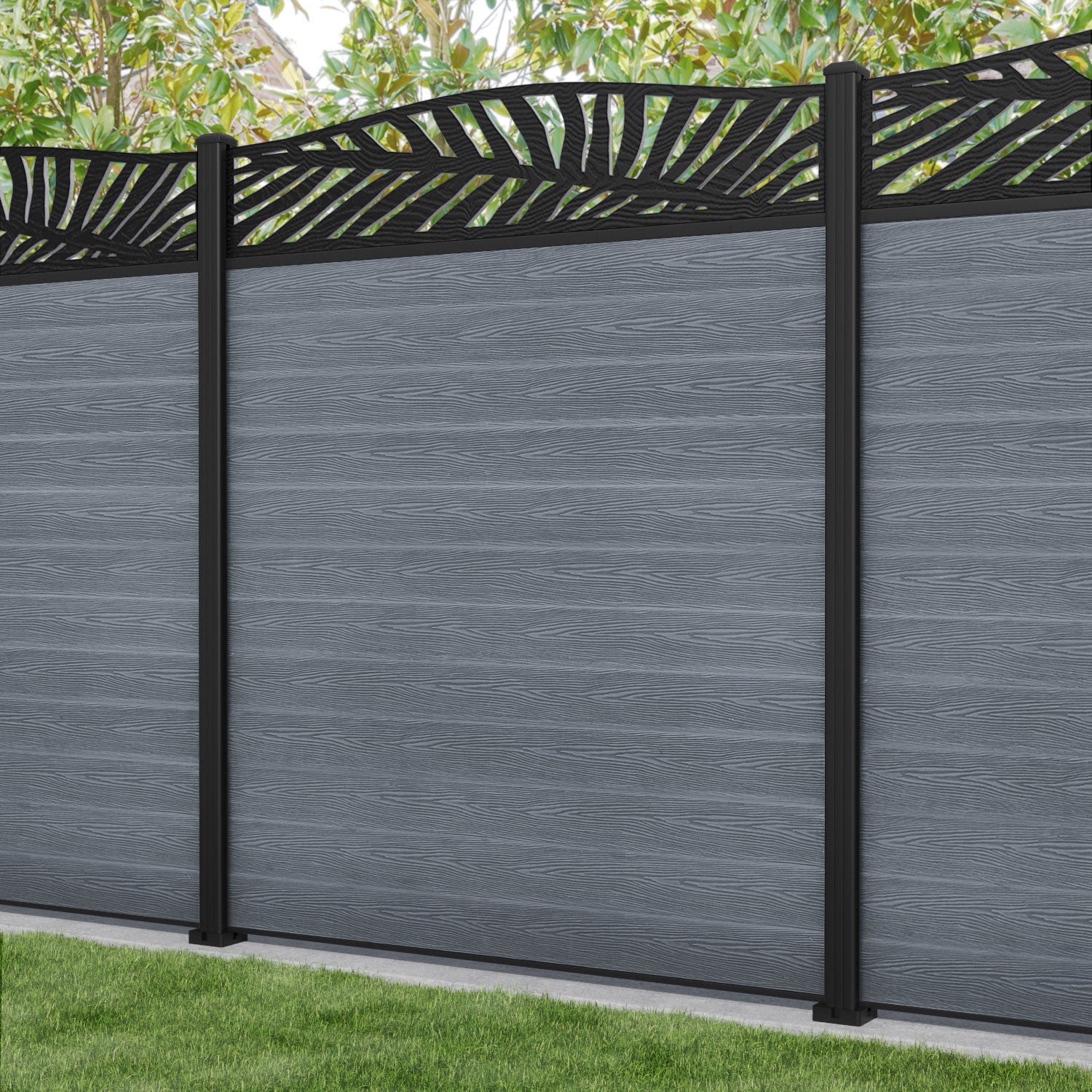 Classic Palm Curved Top Fence Panel - Anthracite - with our aluminium posts