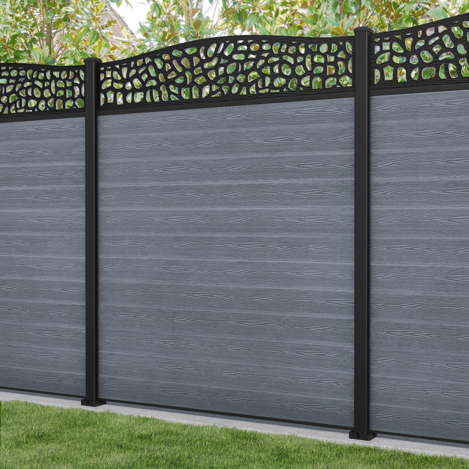 Classic Pebble Curved Top Fence Panel - Anthracite - with our aluminium posts