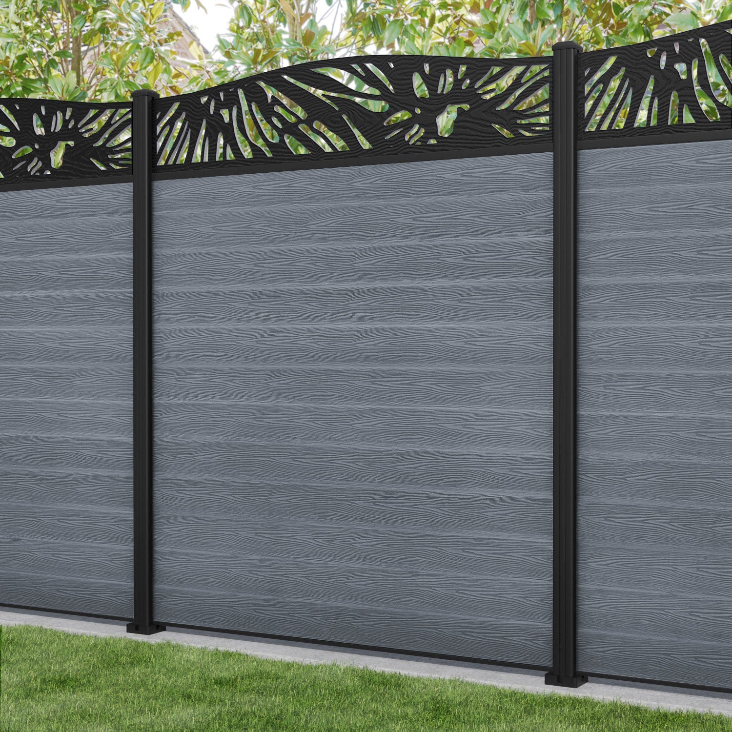 Classic Poppy Curved Top Fence Panel - Anthracite - with our aluminium posts