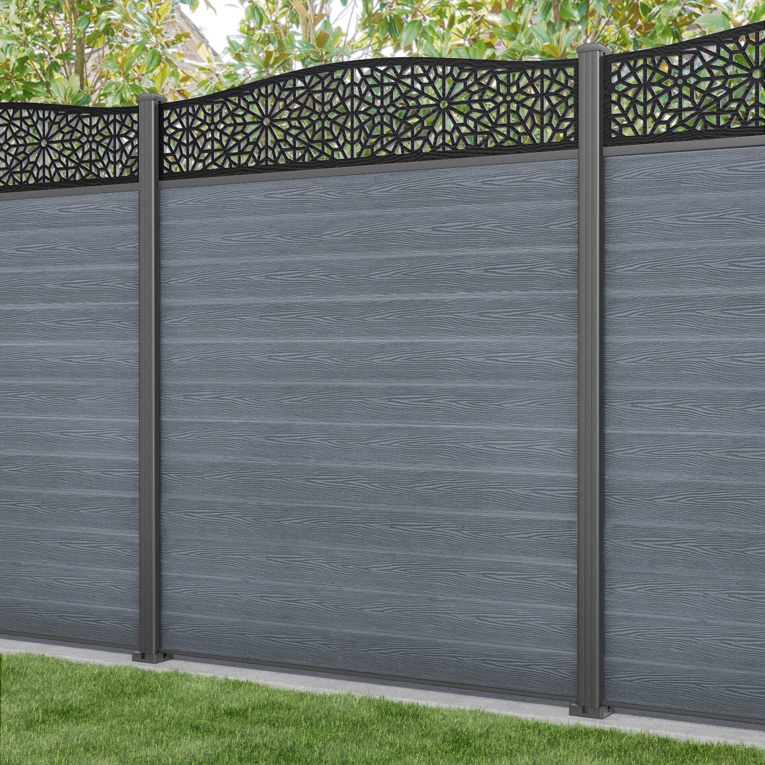 Classic Alnara Curved Top Fence Panel - Anthracite - with our aluminium posts