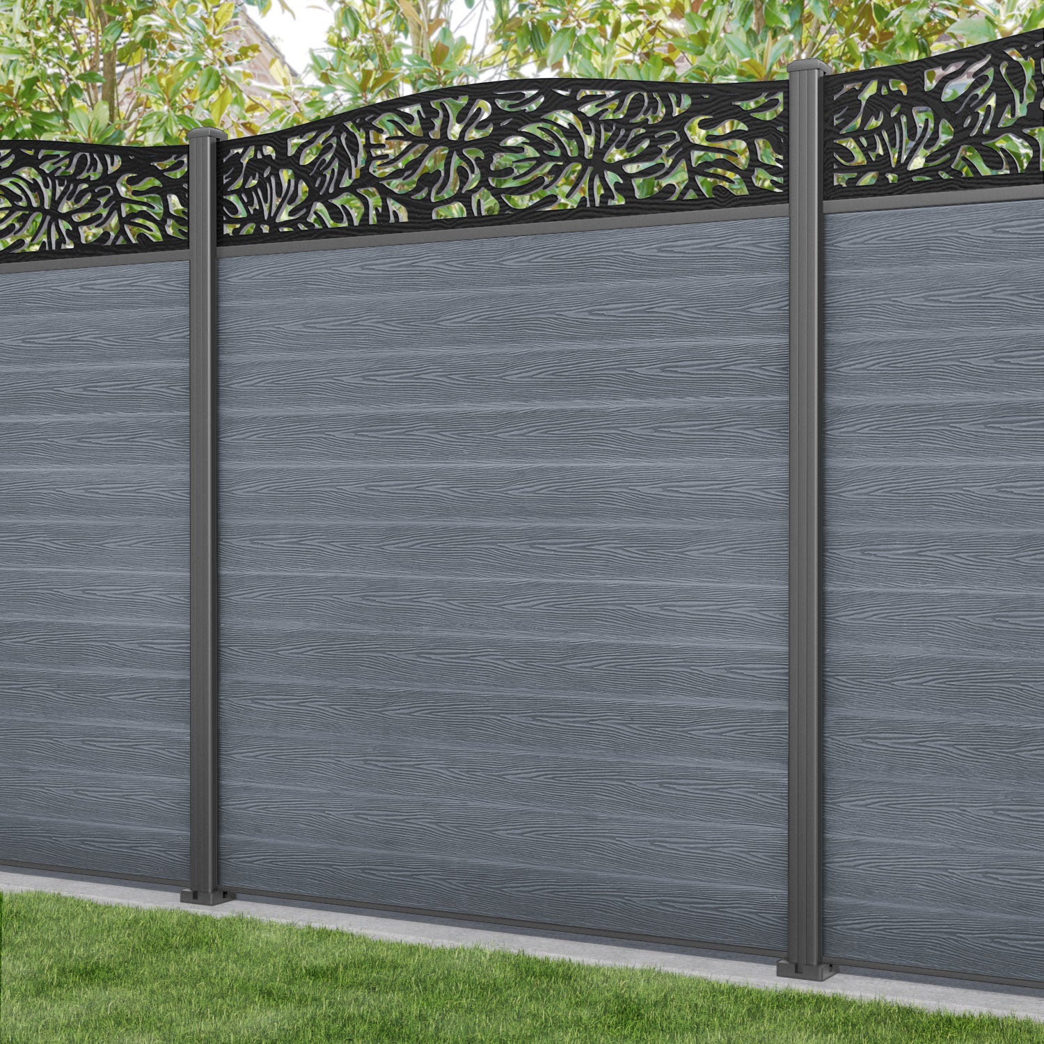 Classic Botanic Curved Top Fence Panel - Anthracite - with our aluminium posts
