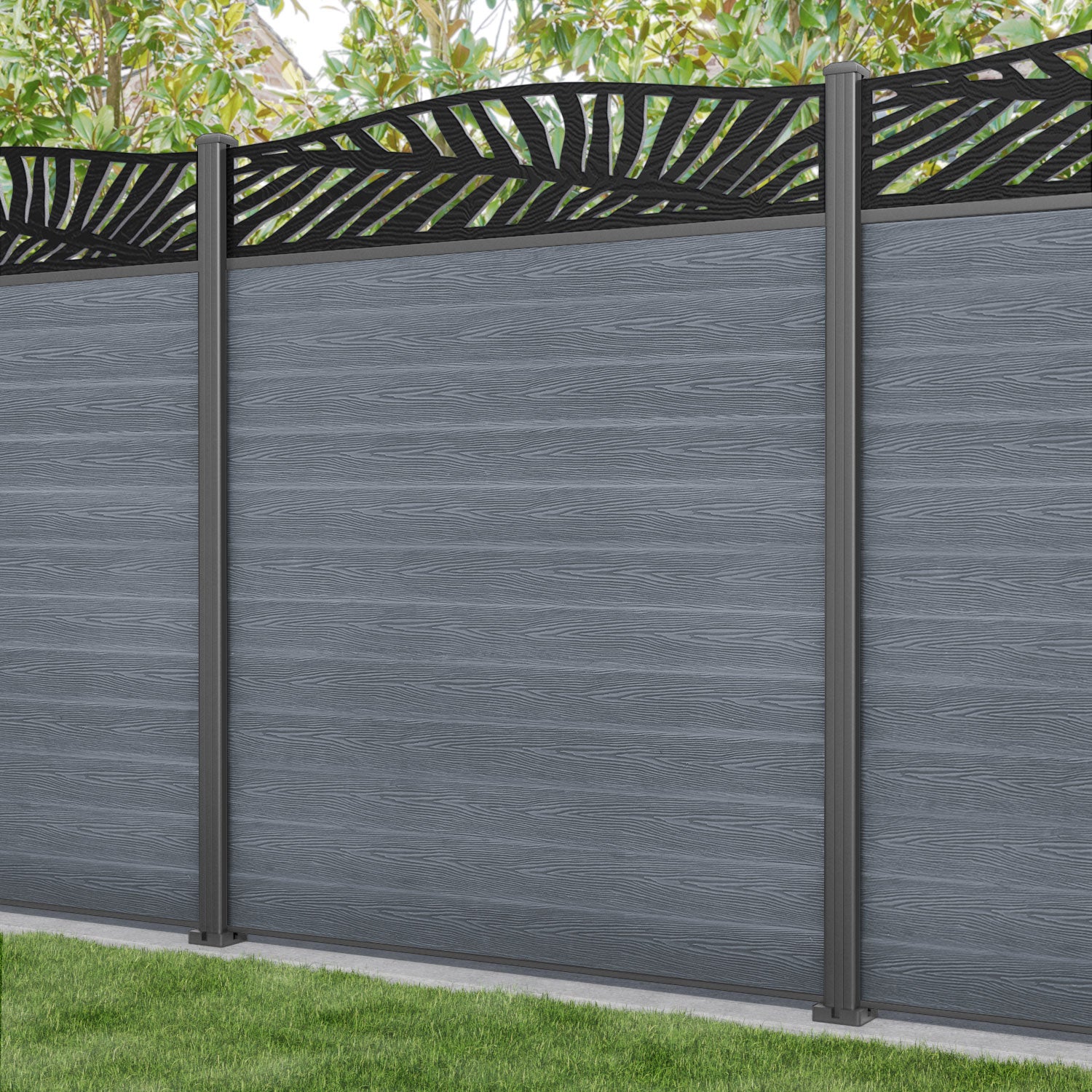 Classic Palm Curved Top Fence Panel - Anthracite - with our aluminium posts