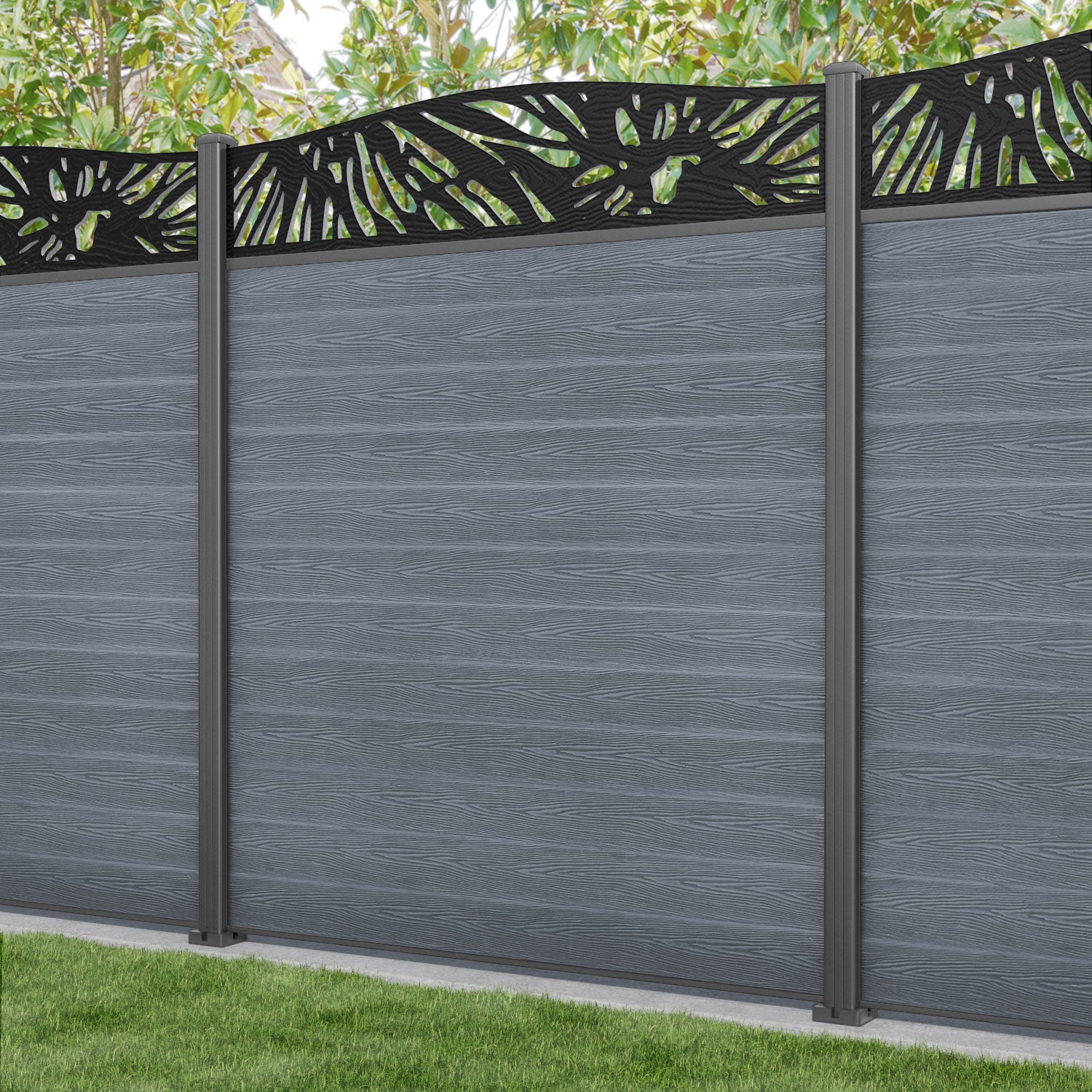 Classic Poppy Curved Top Fence Panel - Anthracite - with our aluminium posts