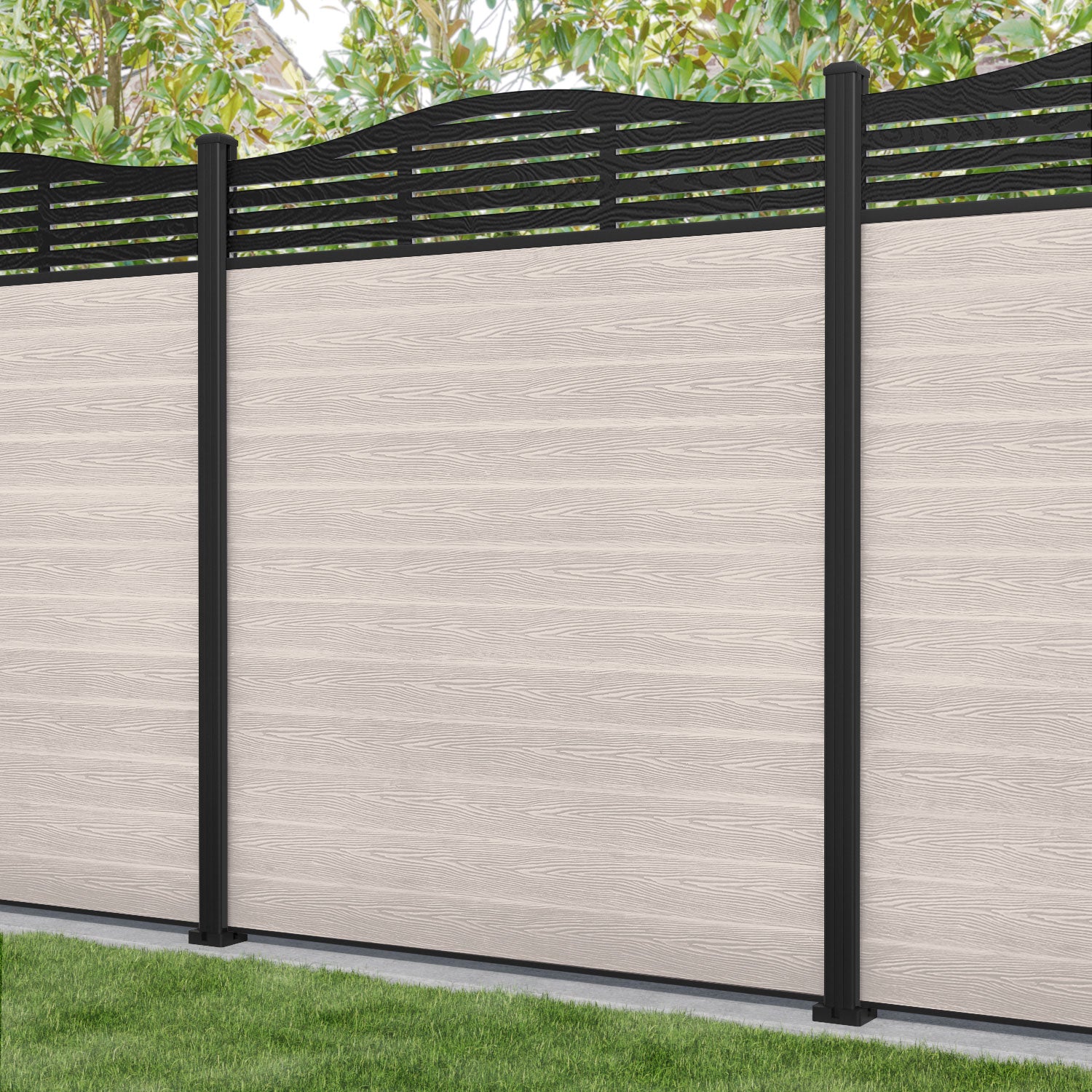 Classic Aspen Curved Top Fence Panel - Mid Stone - with our aluminium posts