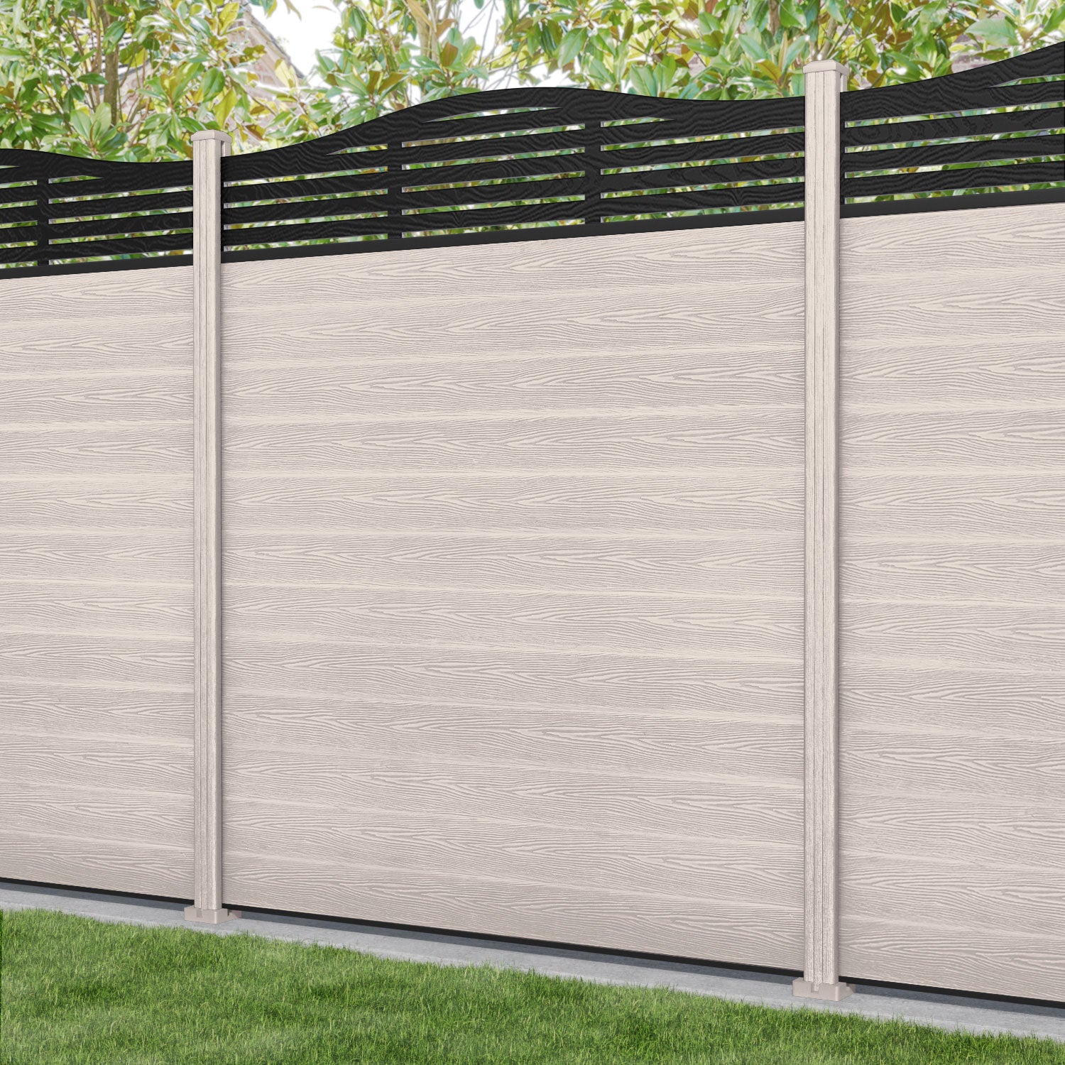 Classic Aspen Curved Top Fence Panel - Mid Stone - with our composite posts