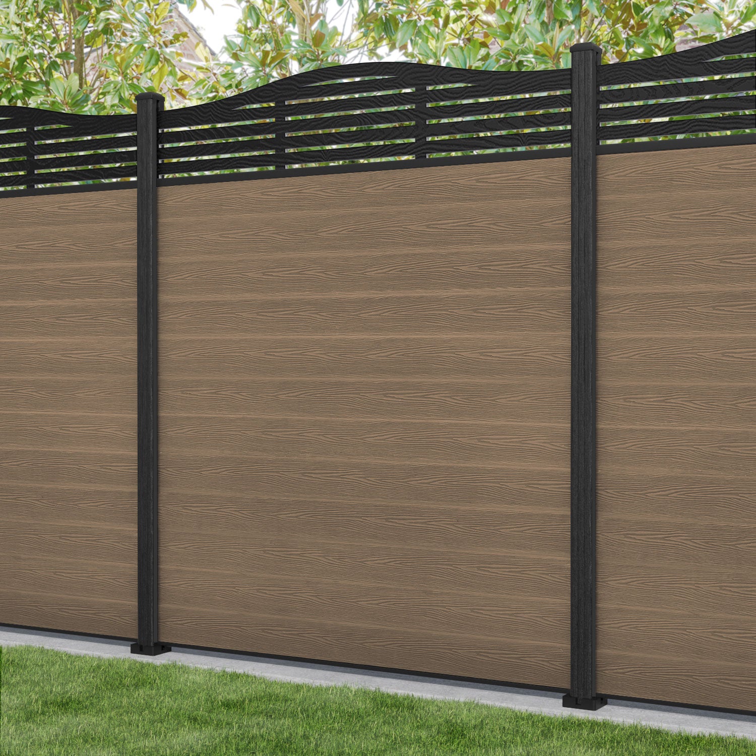 Classic Aspen Curved Top Fence Panel - Teak - with our composite posts
