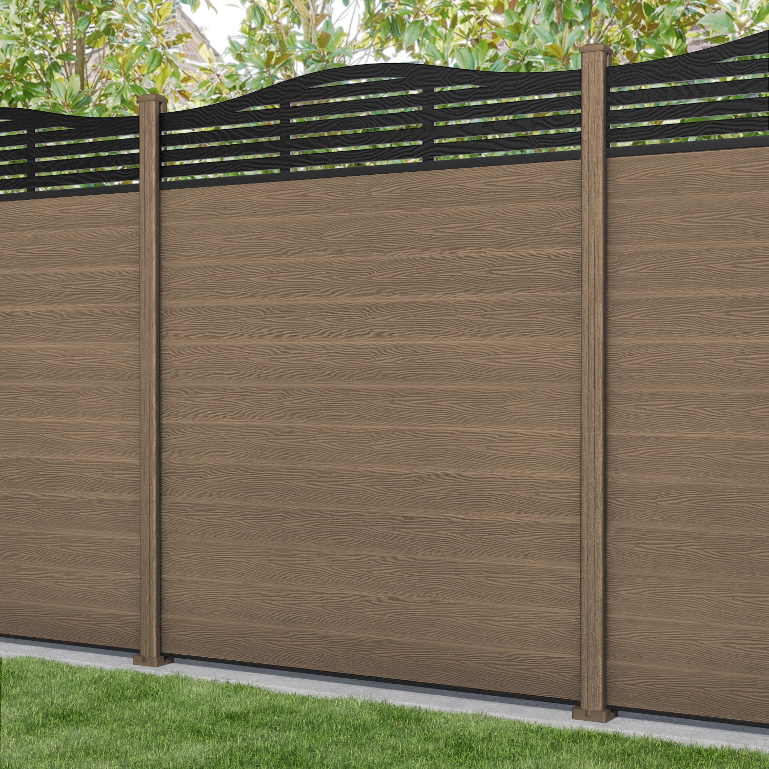 Classic Aspen Curved Top Fence Panel - Teak - with our composite posts