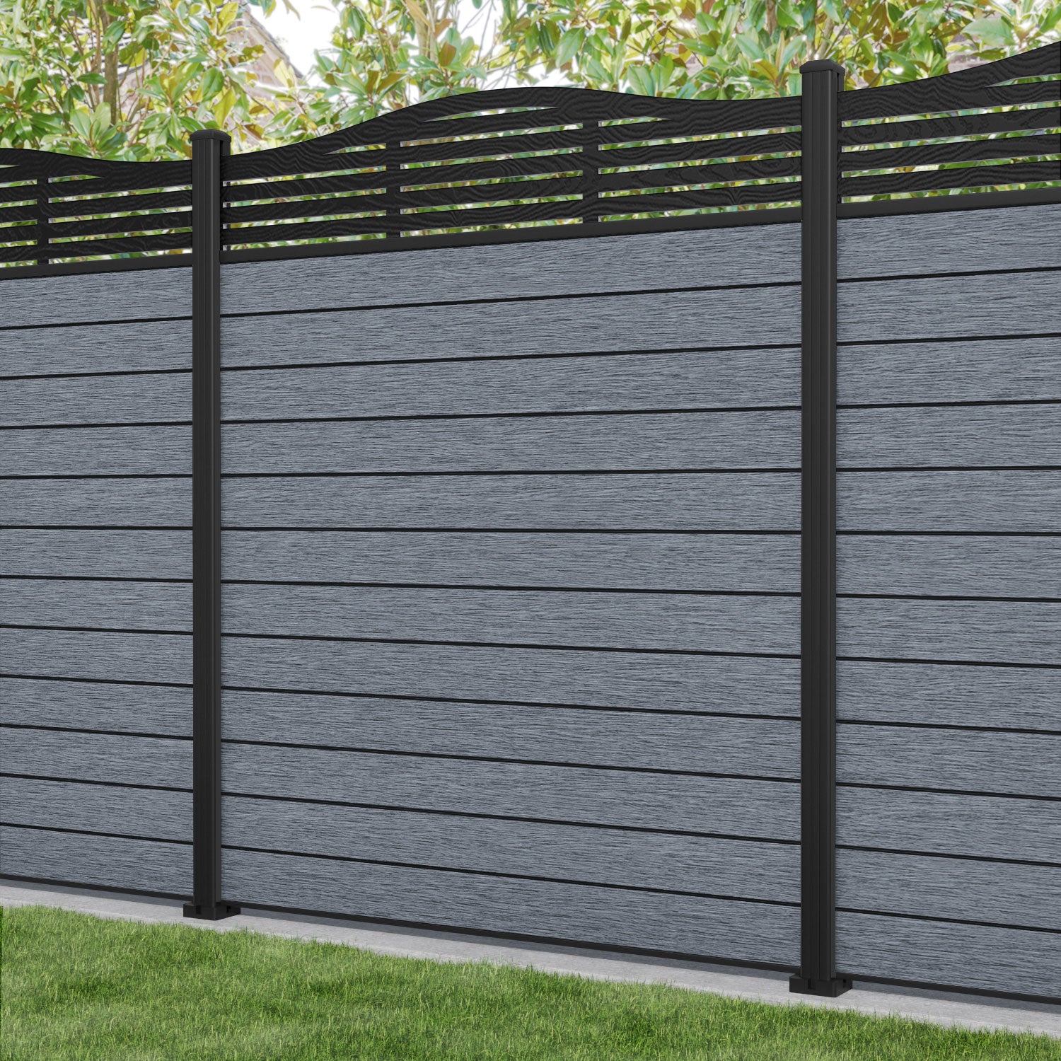 Fusion Aspen Curved Top Fence Panel - Anthracite - with our aluminium posts