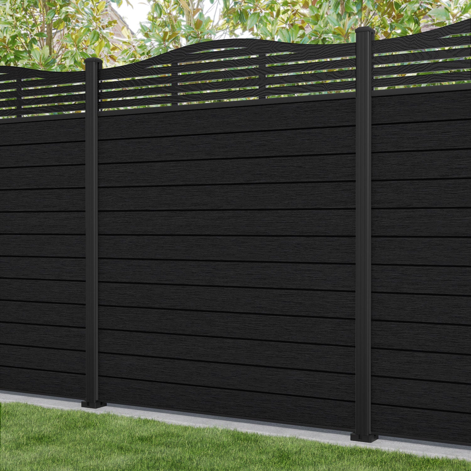 Fusion Aspen Curved Top Fence Panel - Black - with our composite posts