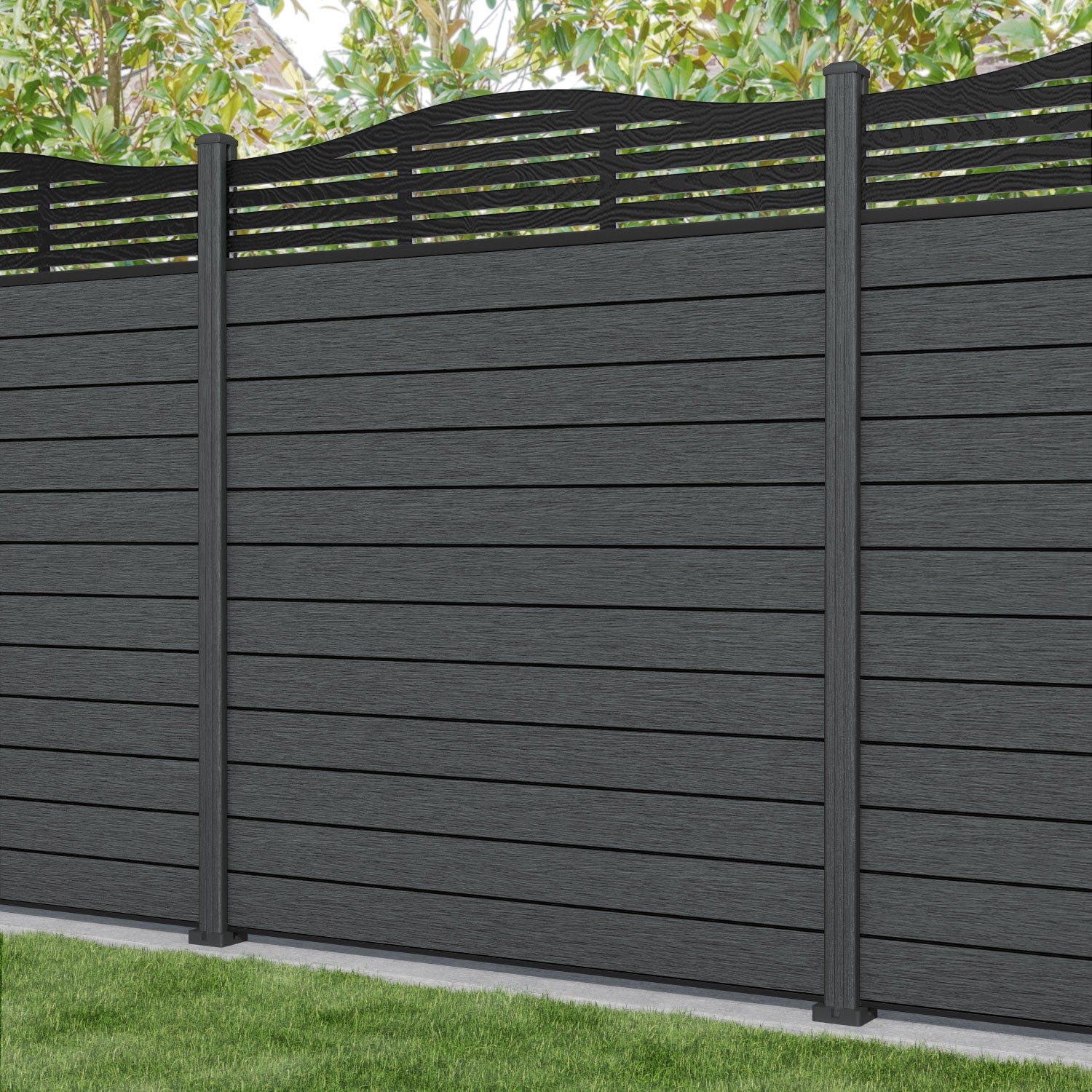 Fusion Aspen Curved Top Fence Panel - Dark Grey - with our composite posts