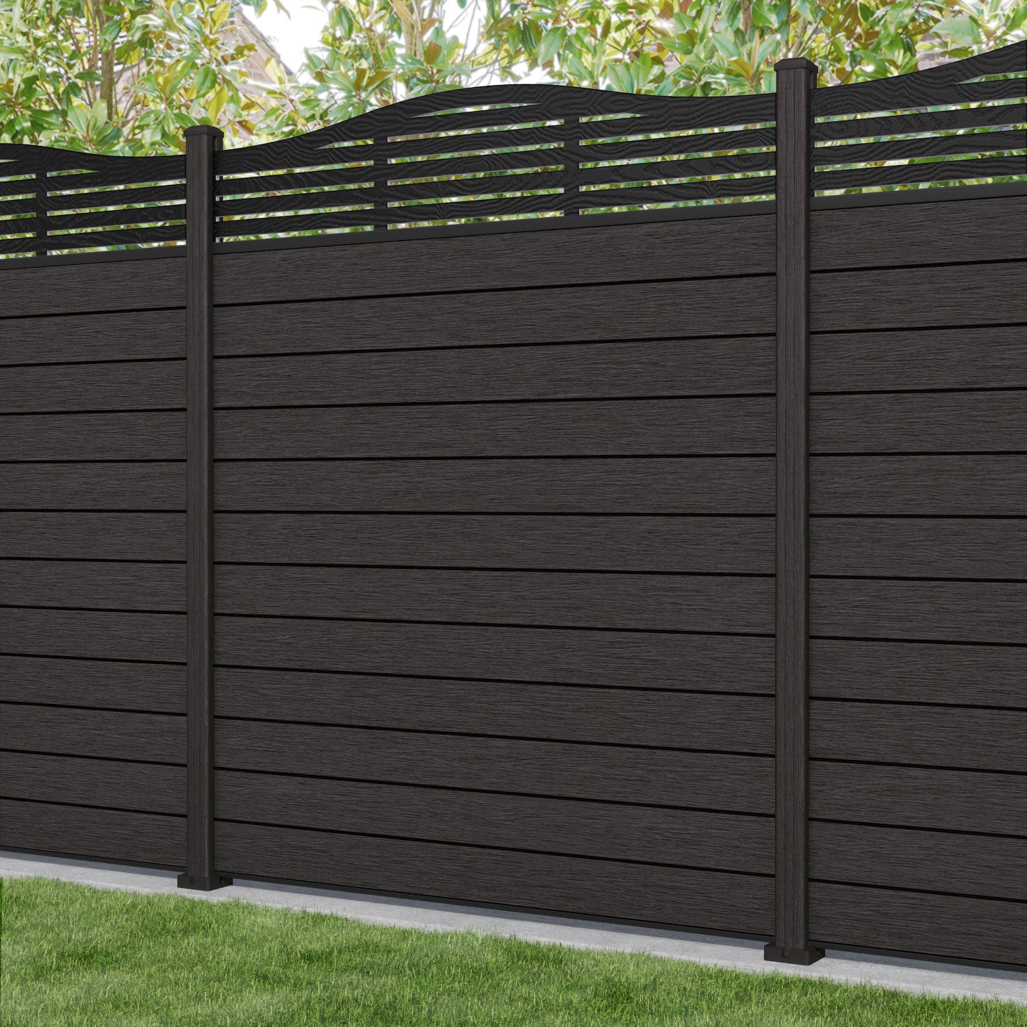 Fusion Aspen Curved Top Fence Panel - Dark Oak - with our composite posts