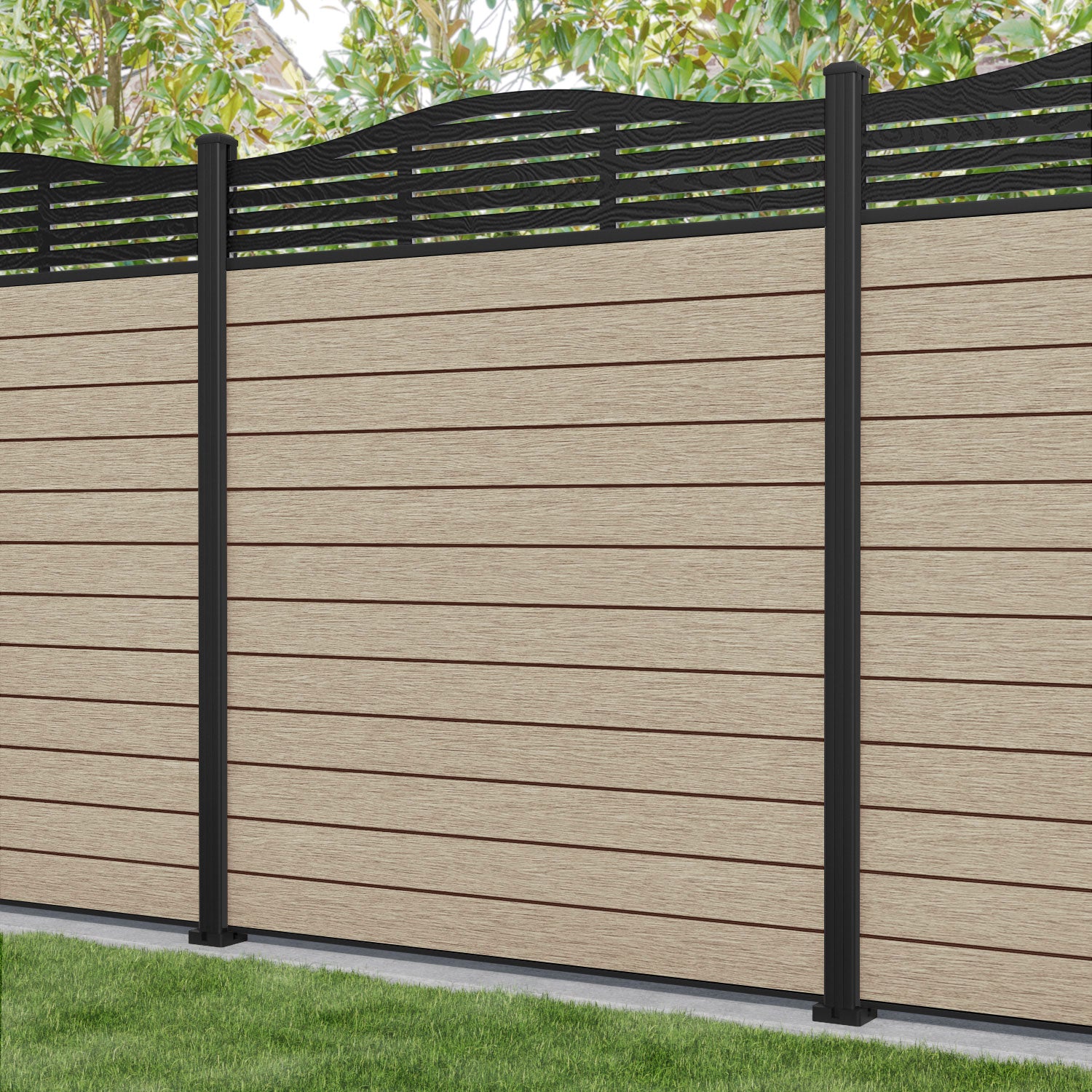 Fusion Aspen Curved Top Fence Panel - Light Oak - with our aluminium posts