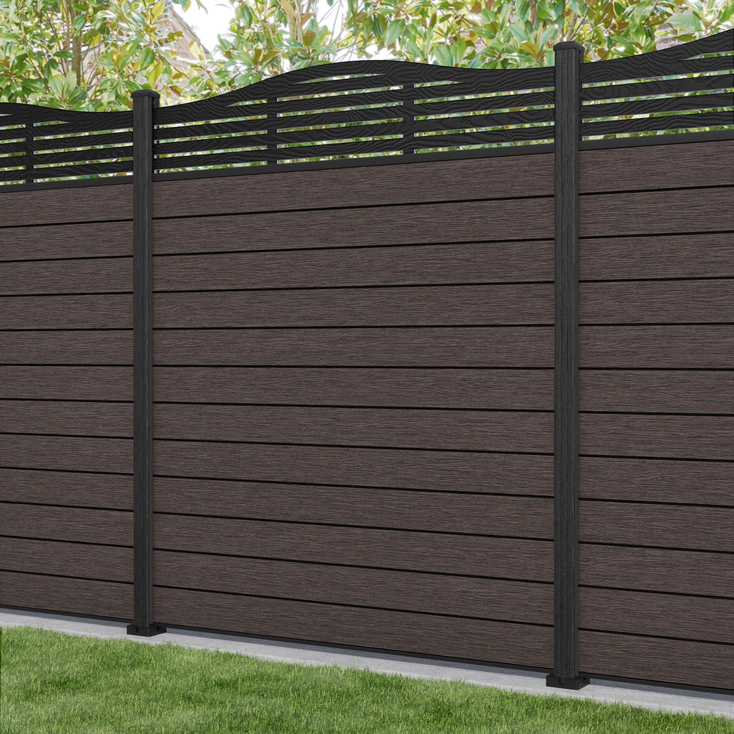 Fusion Aspen Curved Top Fence Panel - Mid Brown - with our composite posts