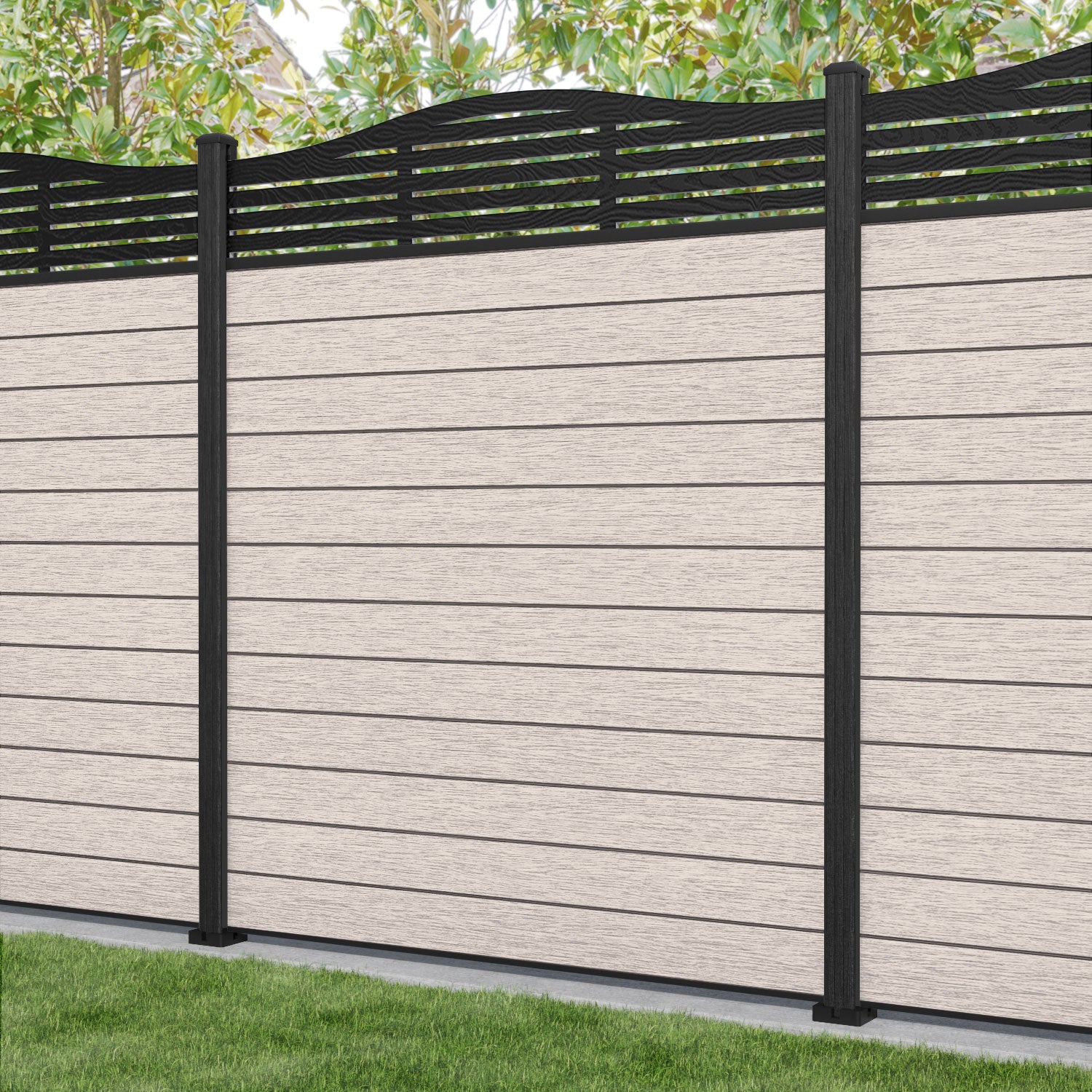 Fusion Aspen Curved Top Fence Panel - Mid Stone - with our composite posts