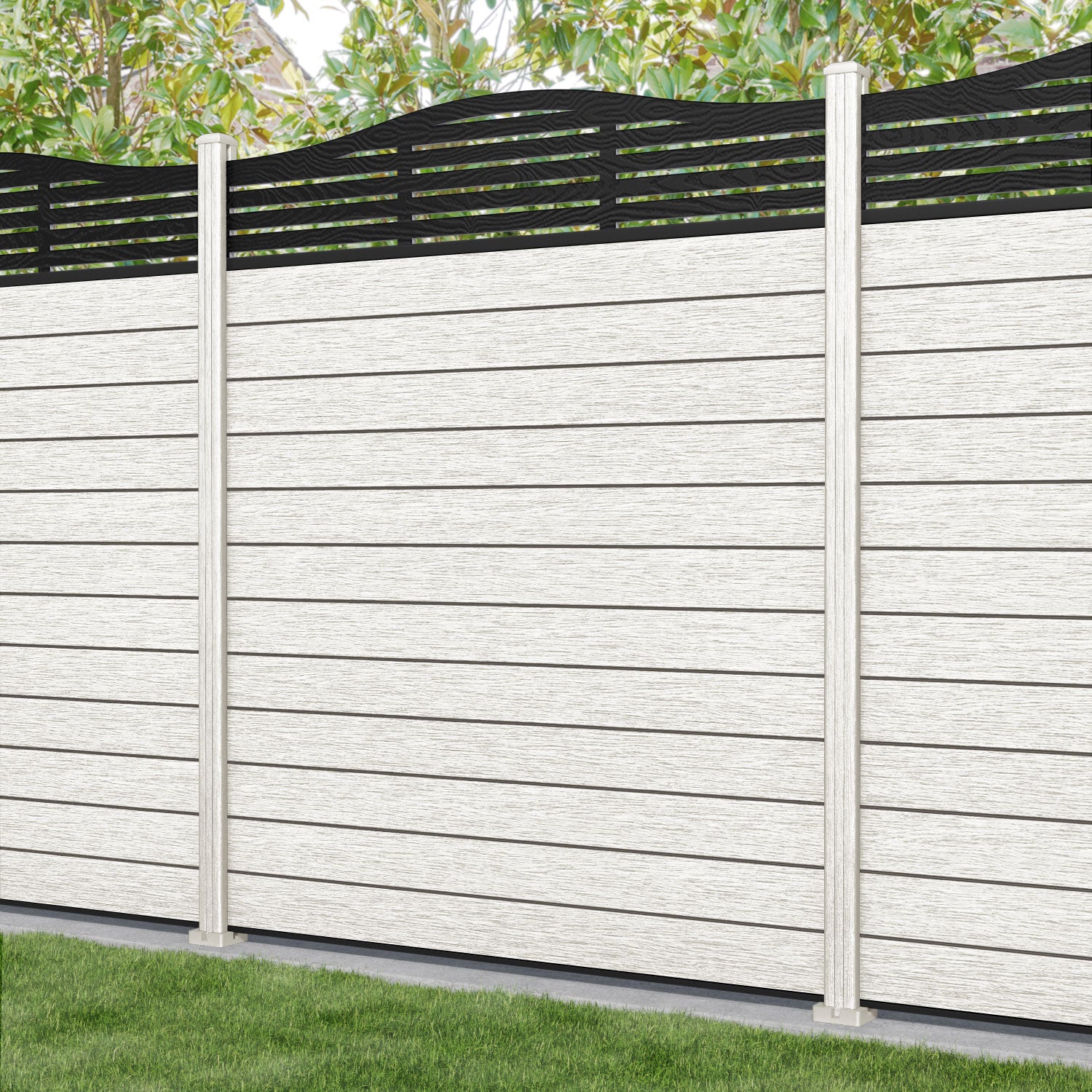 Fusion Aspen Curved Top Fence Panel - Light Stone - with our composite posts