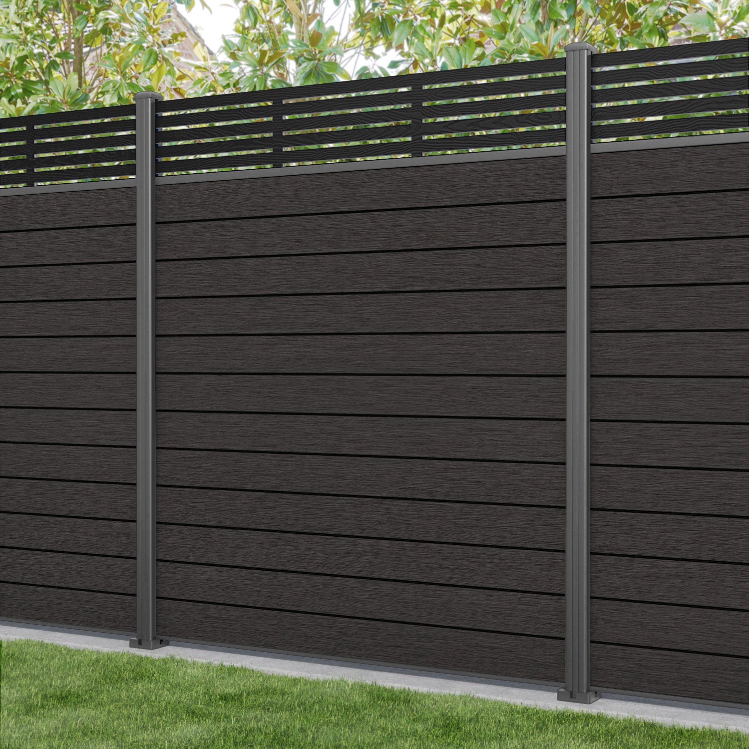 Fusion Aspen Fence Panel - Dark Oak - with our aluminium posts