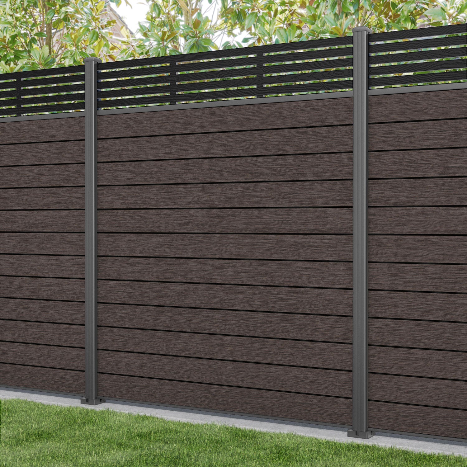 Fusion Aspen Fence Panel - Mid Brown - with our aluminium posts