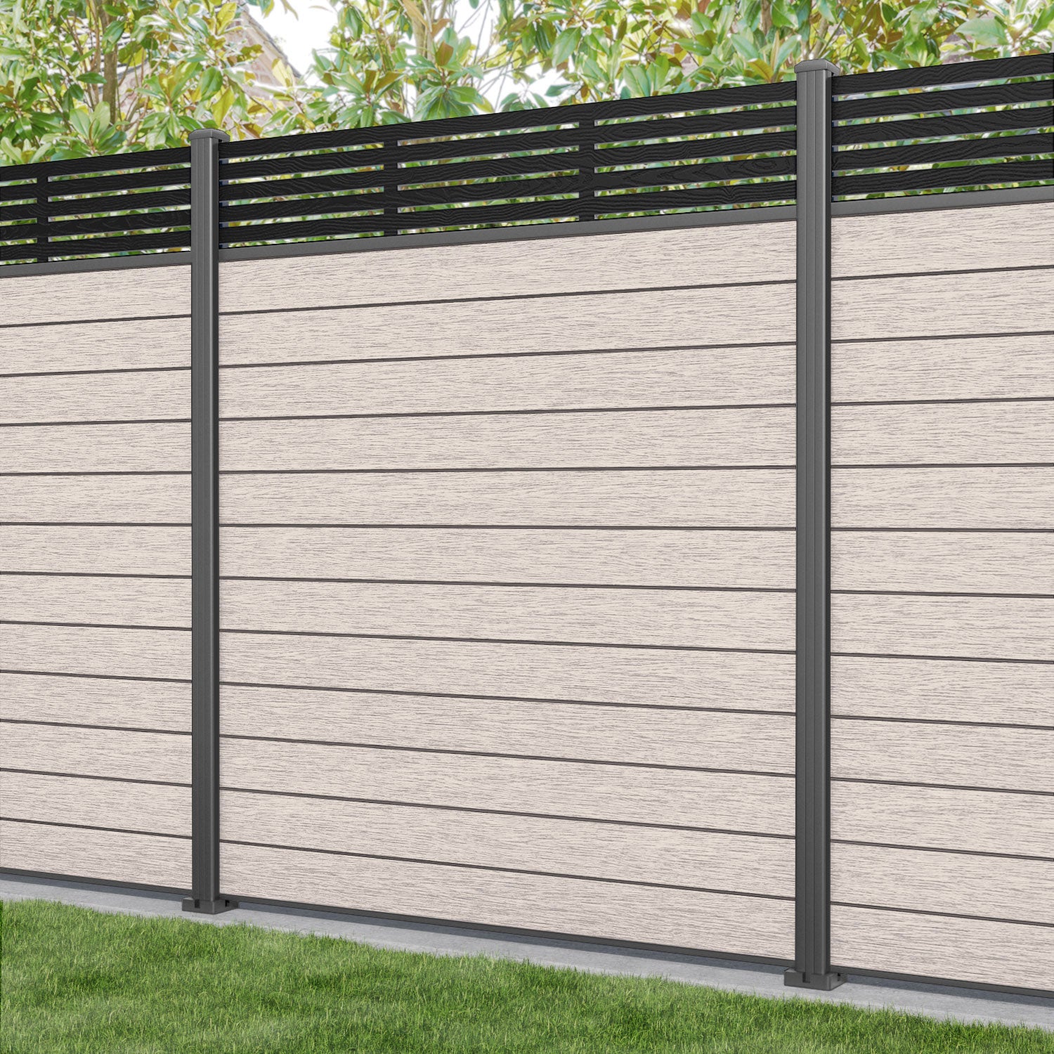 Fusion Aspen Fence Panel - Mid Stone - with our aluminium posts