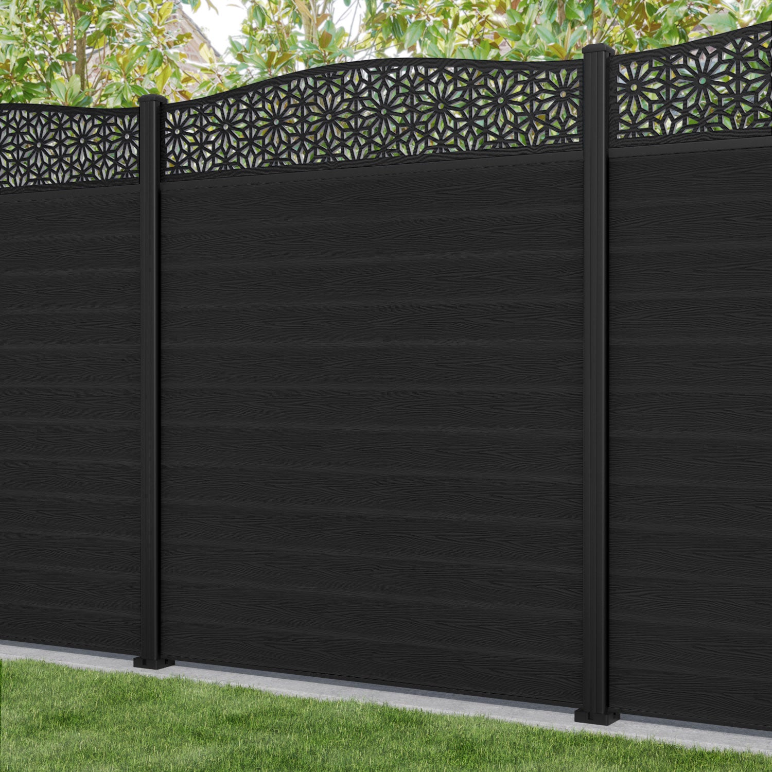 Classic Narwa Curved Top Fence Panel - Black - with our aluminium posts