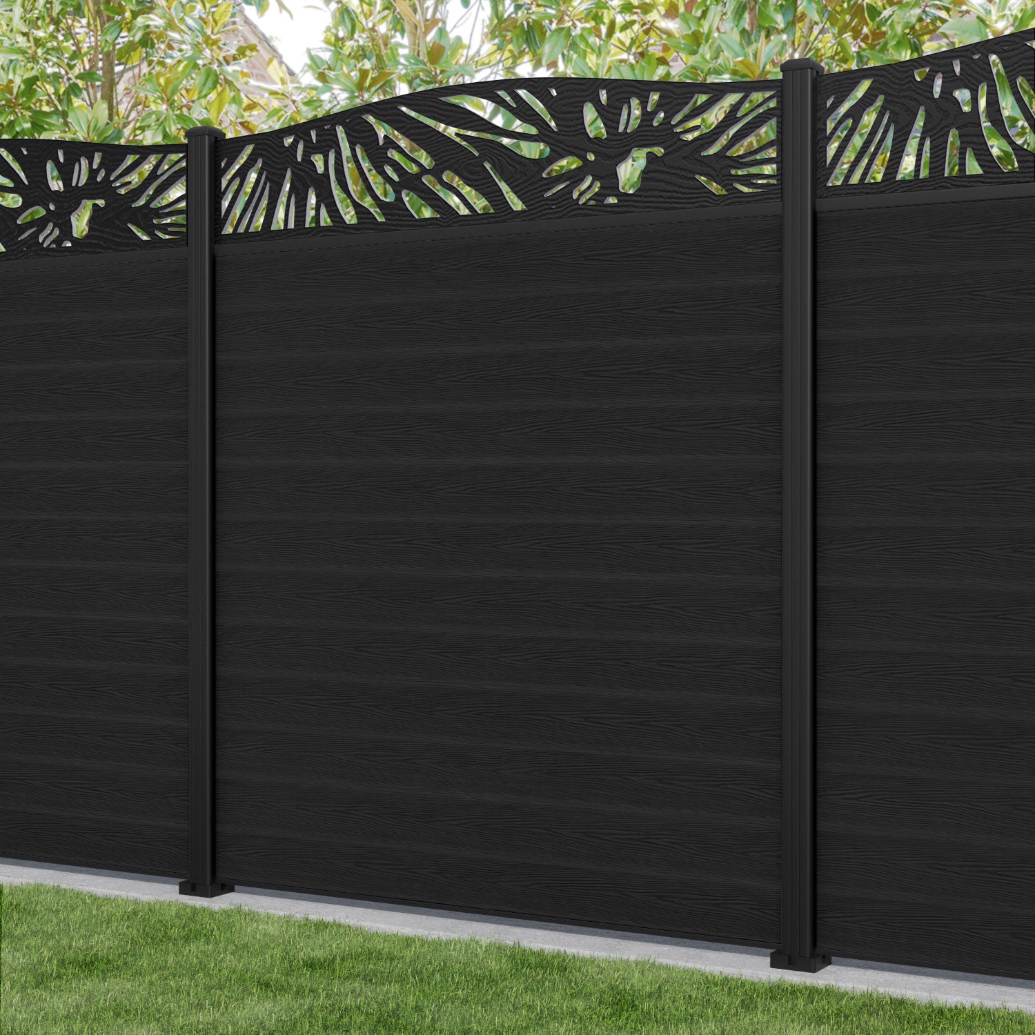Classic Poppy Curved Top Fence Panel - Black - with our aluminium posts