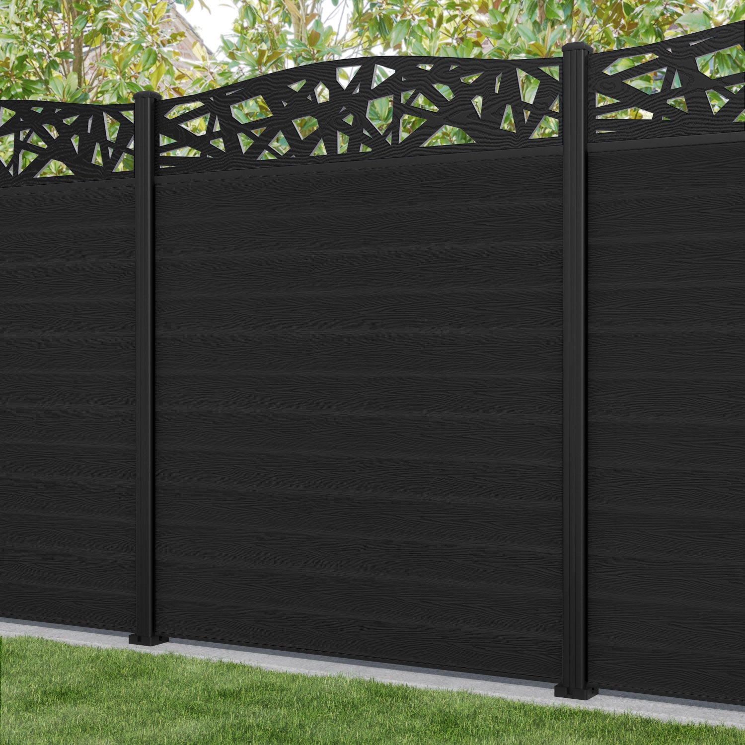 Classic Prism Curved Top Fence Panel - Black - with our aluminium posts