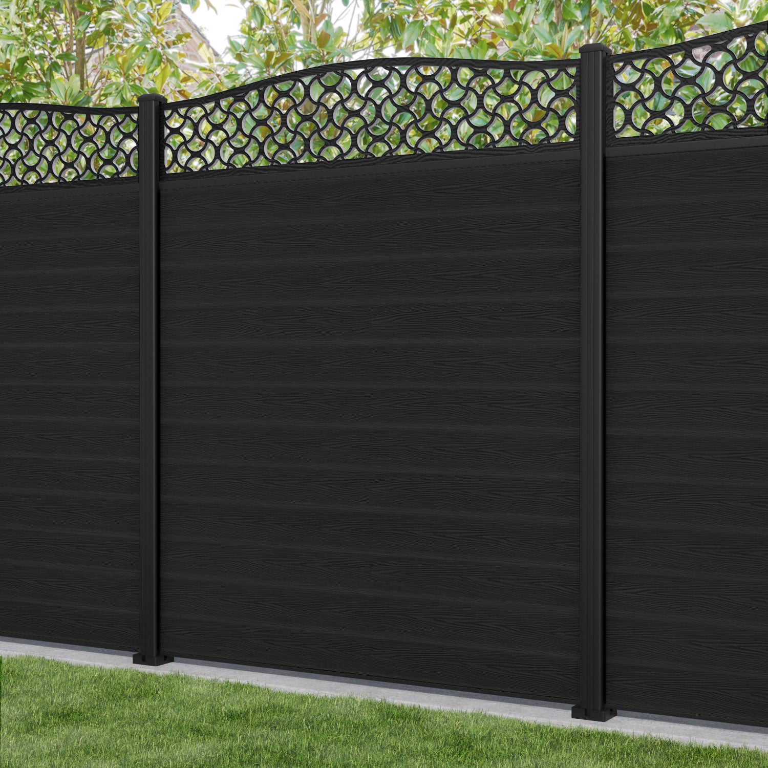 Classic Vida Curved Top Fence Panel - Black - with our aluminium posts