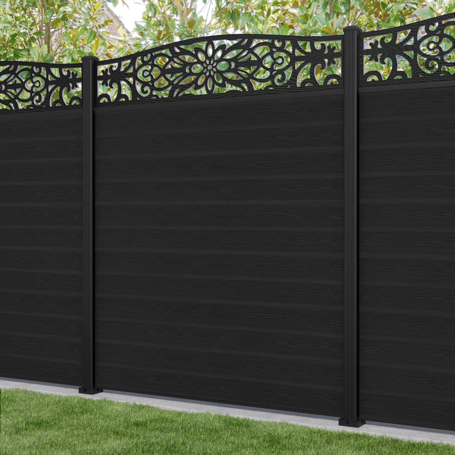 Classic Windsor Curved Top Fence Panel - Black - with our aluminium posts