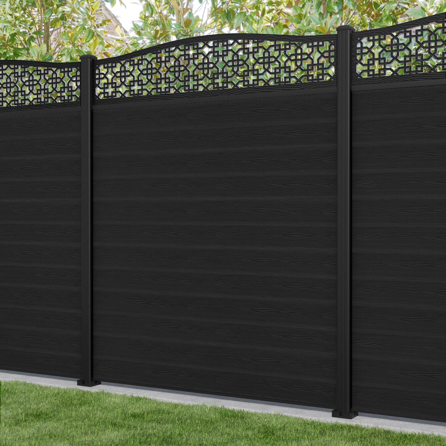 Classic Zaria Curved Top Fence Panel - Black - with our aluminium posts