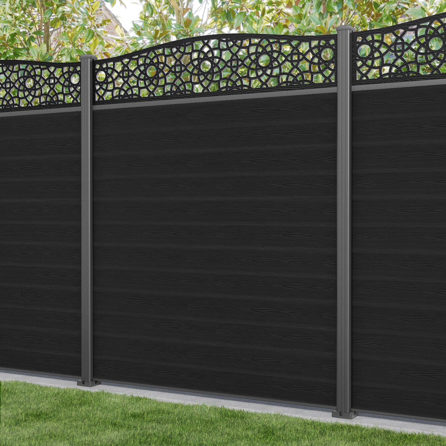 Classic Ambar Curved Top Fence Panel - Black - with our aluminium posts