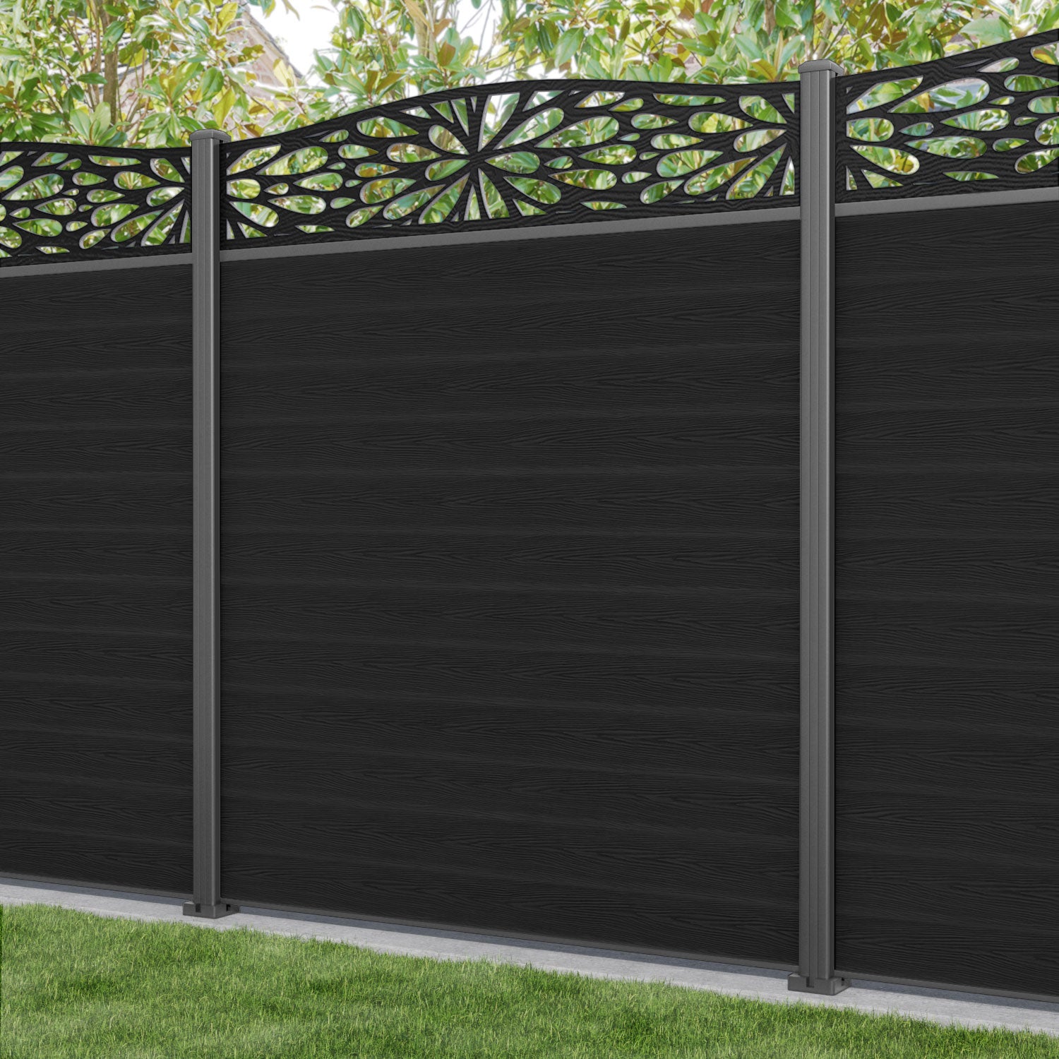 Classic Blossom Curved Top Fence Panel - Black - with our aluminium posts