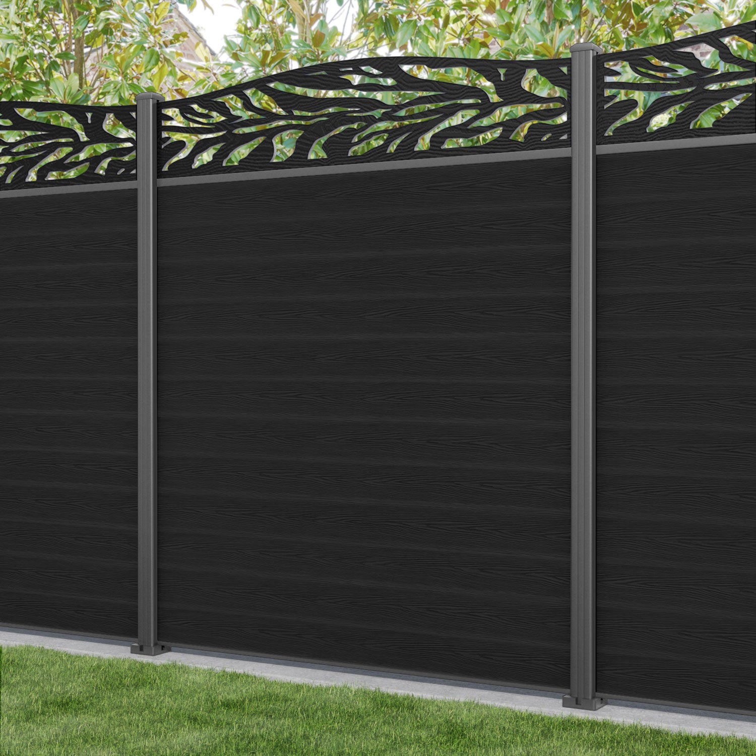 Classic Malawi Curved Top Fence Panel - Black - with our aluminium posts
