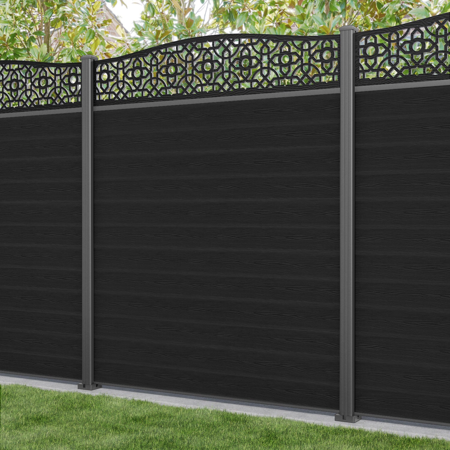 Classic Nabila Curved Top Fence Panel - Black - with our aluminium posts