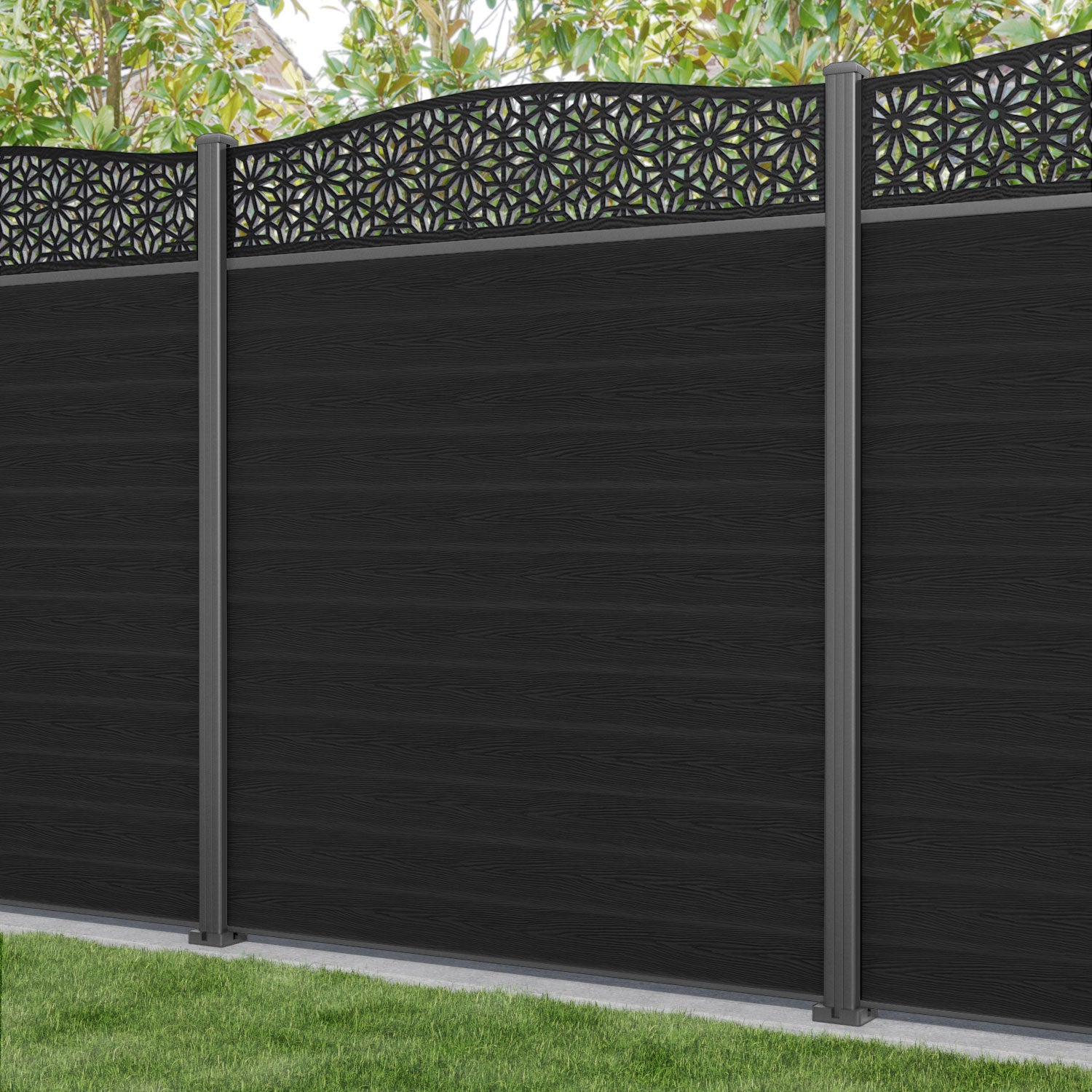 Classic Narwa Curved Top Fence Panel - Black - with our aluminium posts