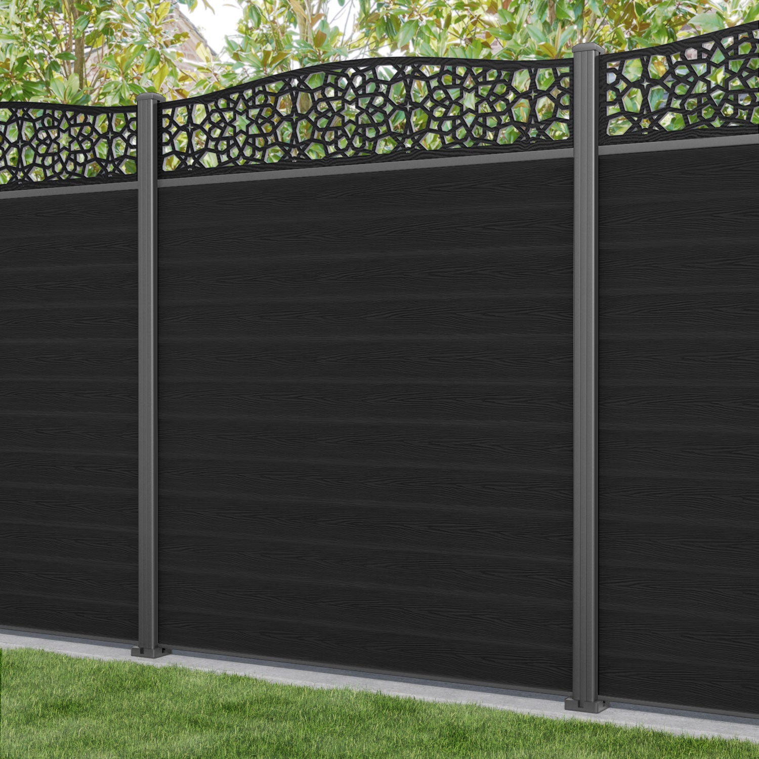 Classic Nazira Curved Top Fence Panel - Black - with our aluminium posts