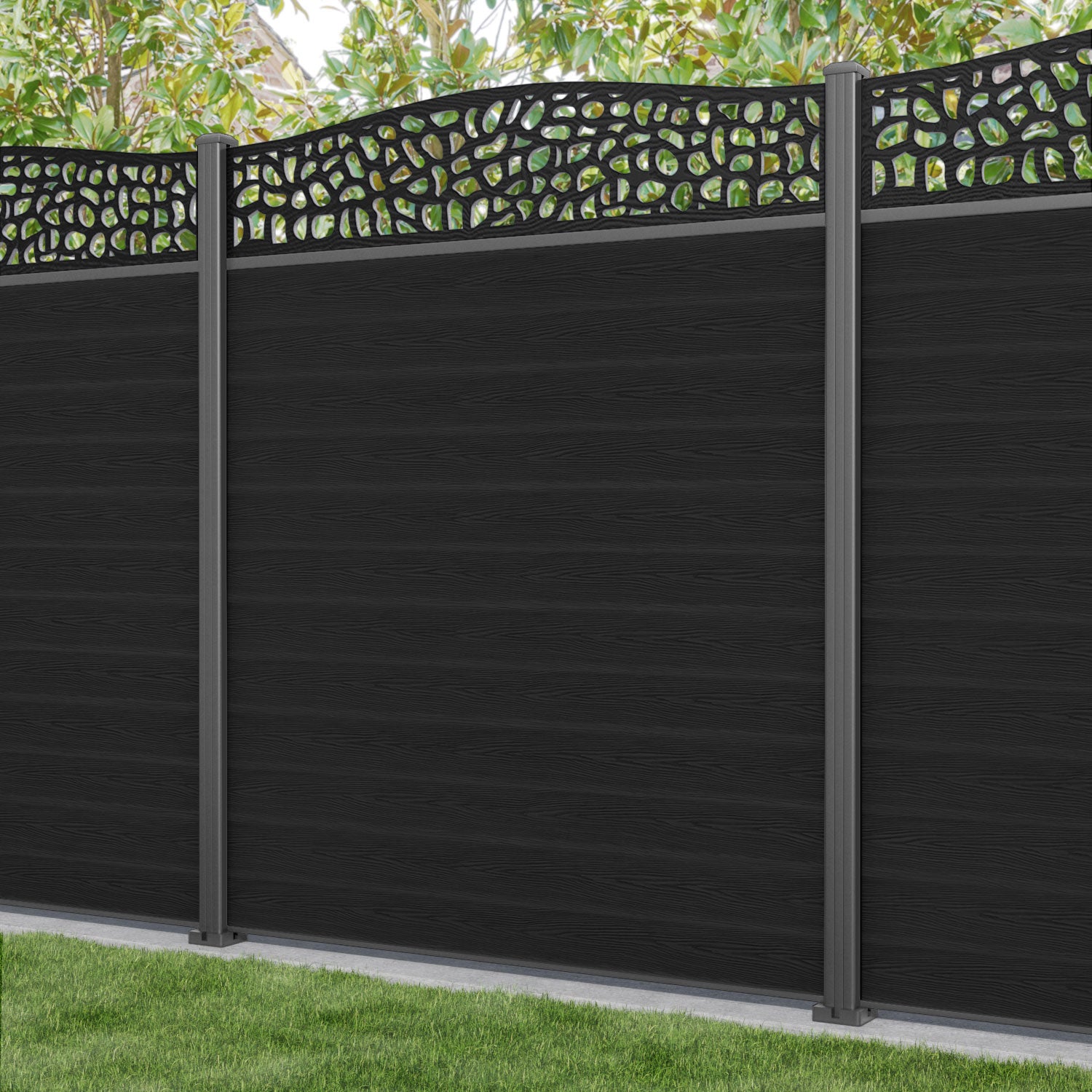 Classic Pebble Curved Top Fence Panel - Black - with our aluminium posts