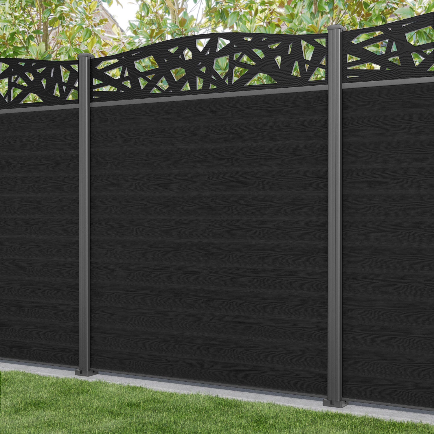 Classic Prism Curved Top Fence Panel - Black - with our aluminium posts