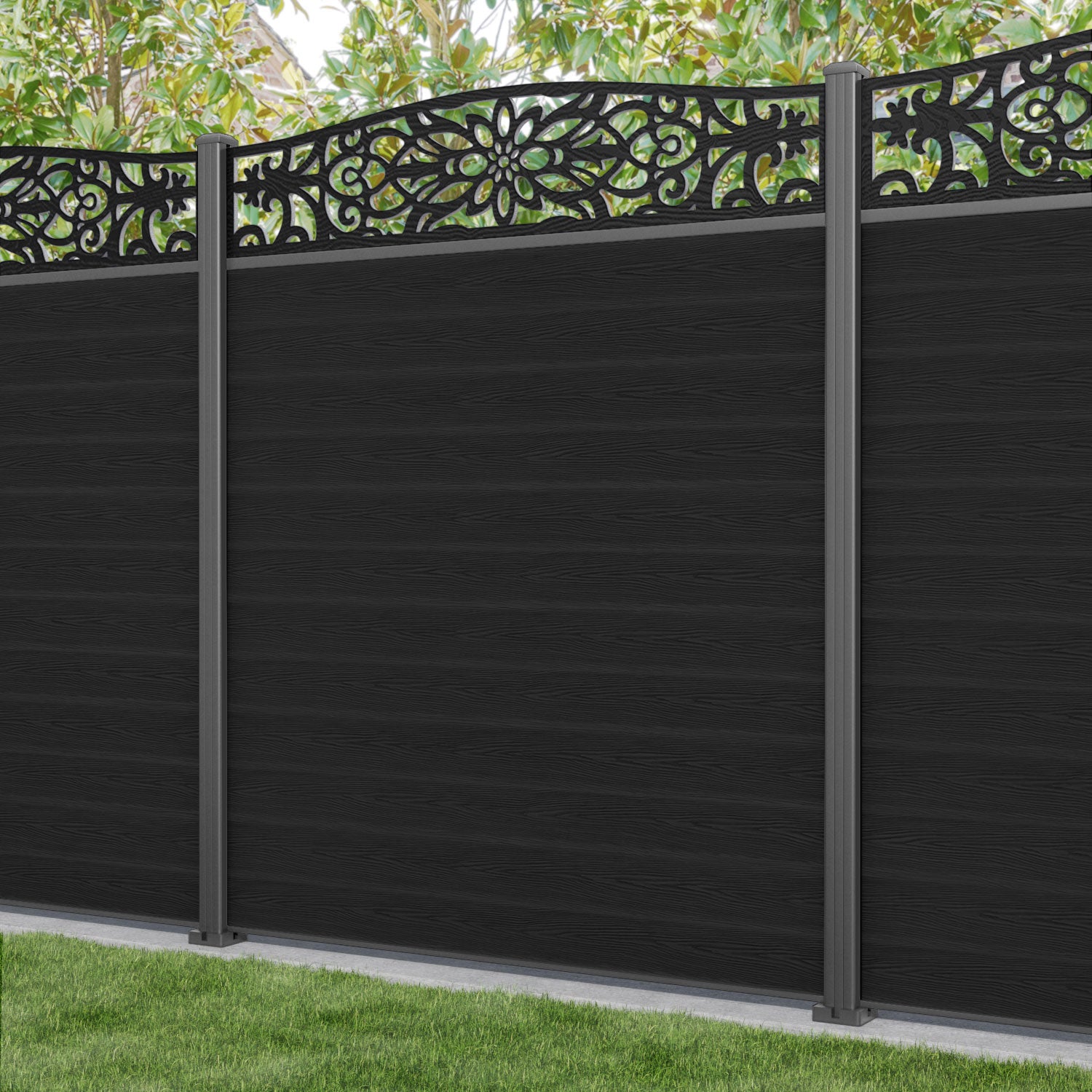 Classic Windsor Curved Top Fence Panel - Black - with our aluminium posts