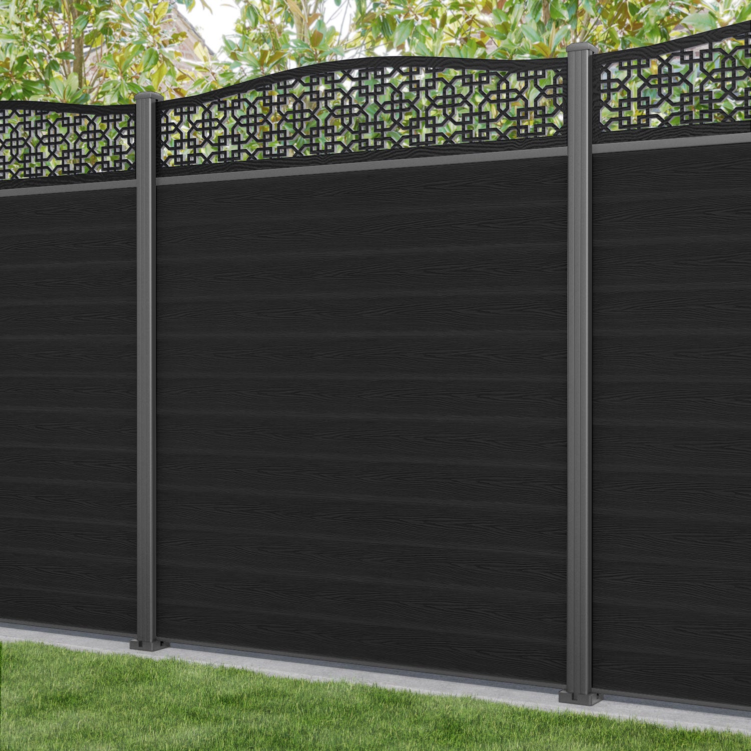 Classic Zaria Curved Top Fence Panel - Black - with our aluminium posts