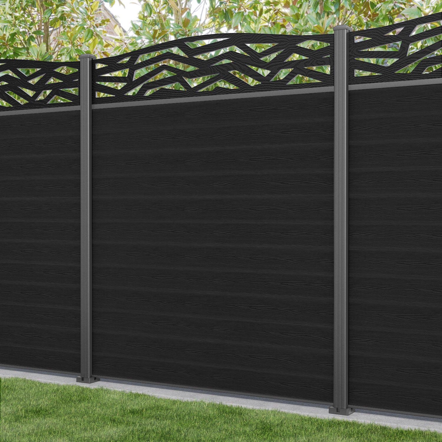 Classic Zenith Curved Top Fence Panel - Black - with our aluminium posts