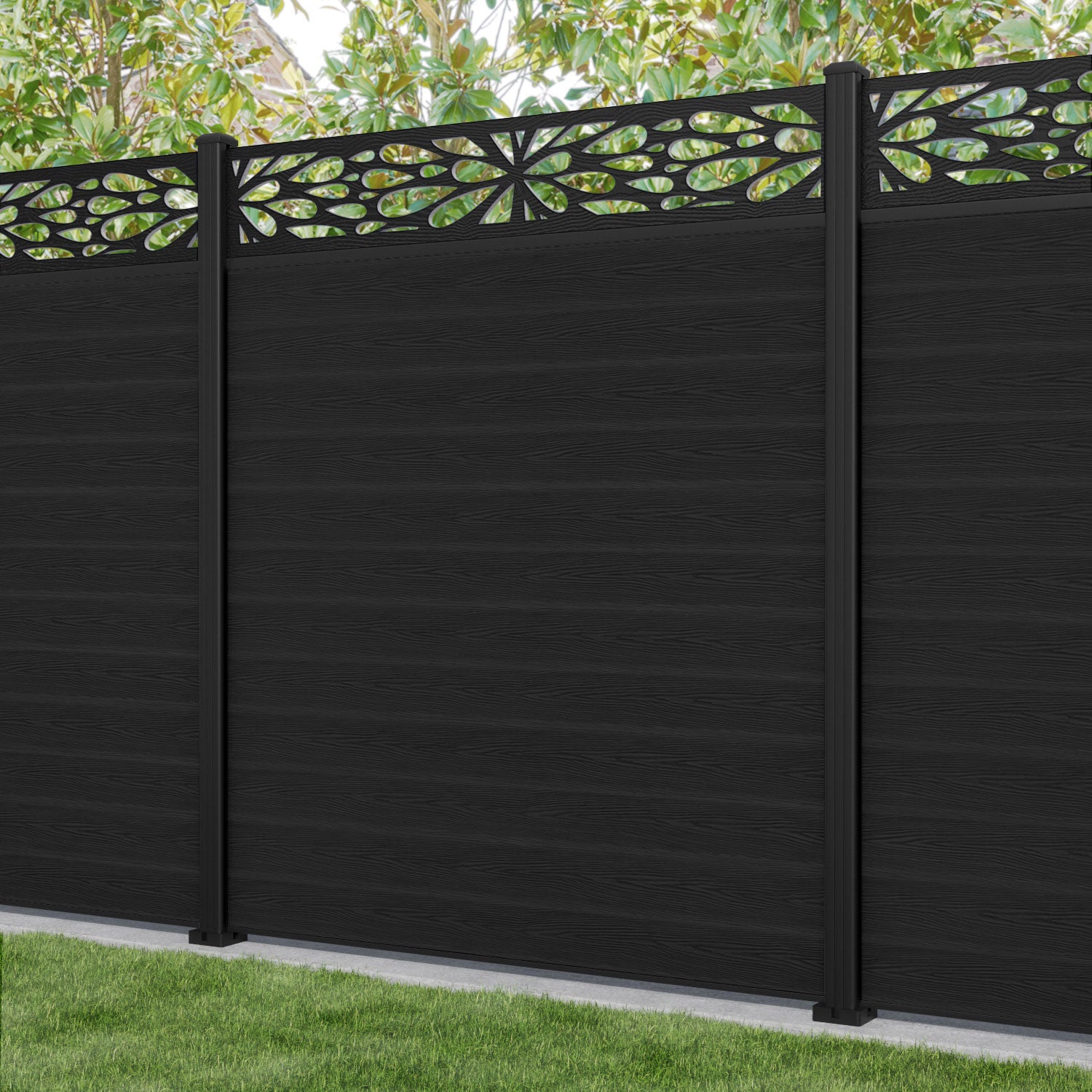 Classic Blossom Fence Panel - Black - with our aluminium posts