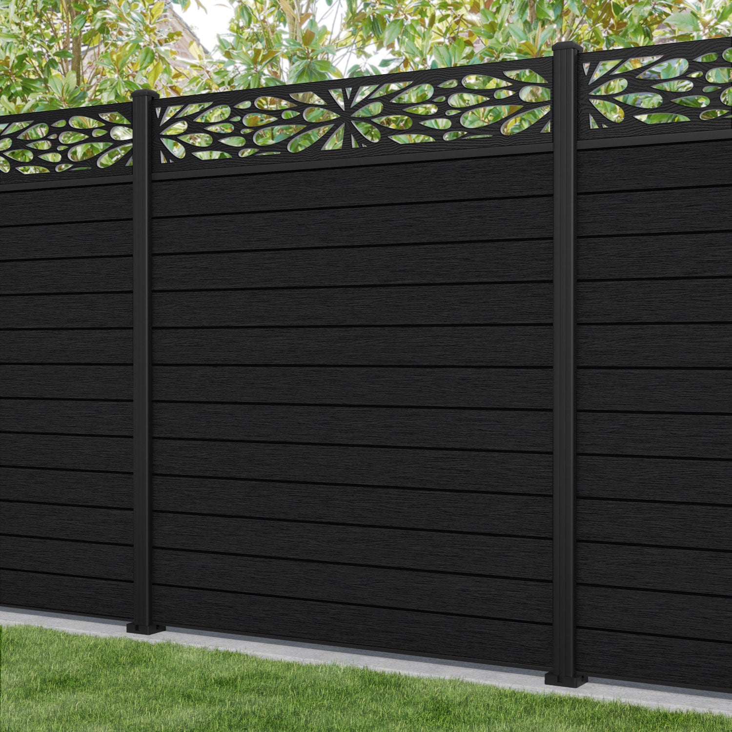 Fusion Blossom Fence Panel - Black - with our aluminium posts